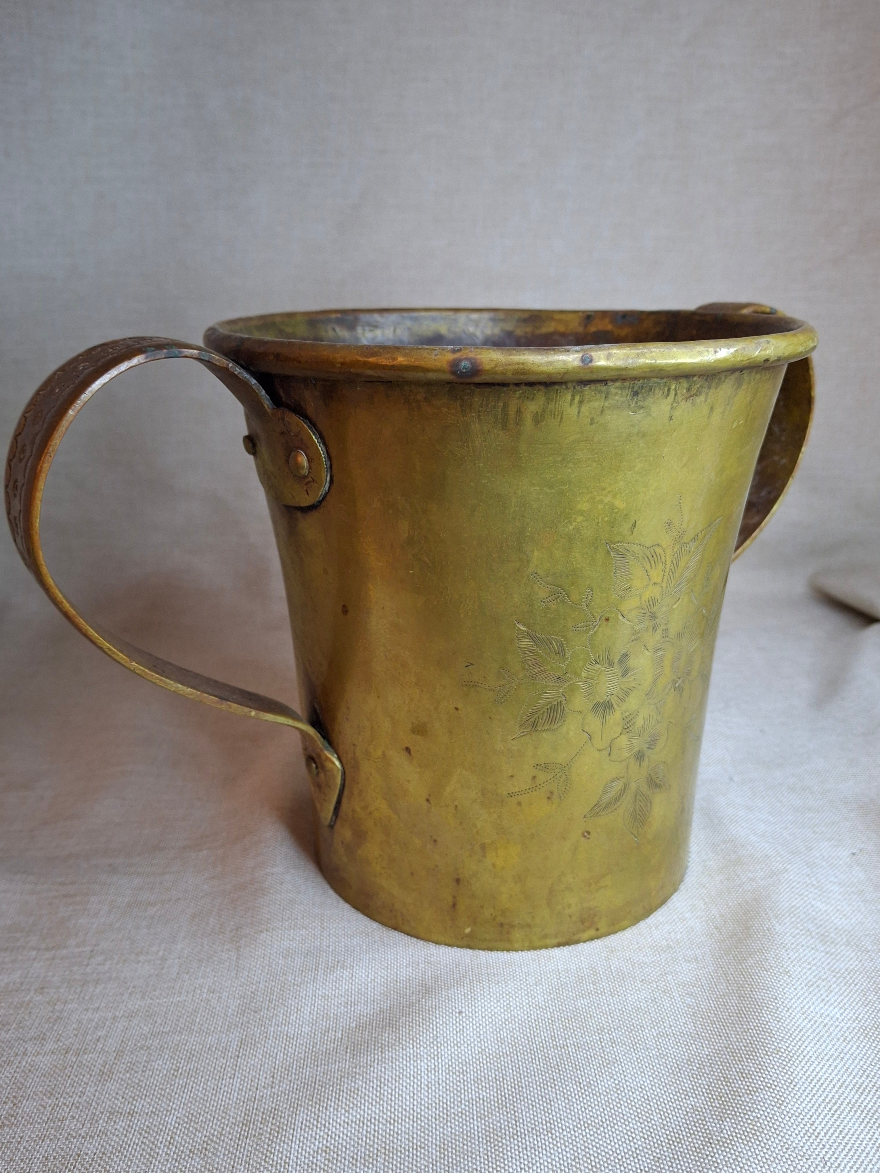 Antique Hand-Engraved Brass Two-Handled Vessel | Ornate Floral Netilat Yadayim / Loving Cup