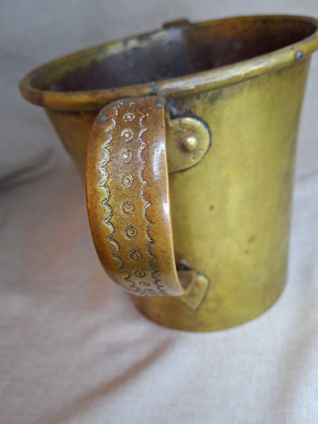 Antique Hand-Engraved Brass Two-Handled Vessel | Ornate Floral Netilat Yadayim / Loving Cup