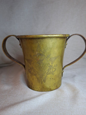Antique Hand-Engraved Brass Two-Handled Vessel | Ornate Floral Netilat Yadayim / Loving Cup