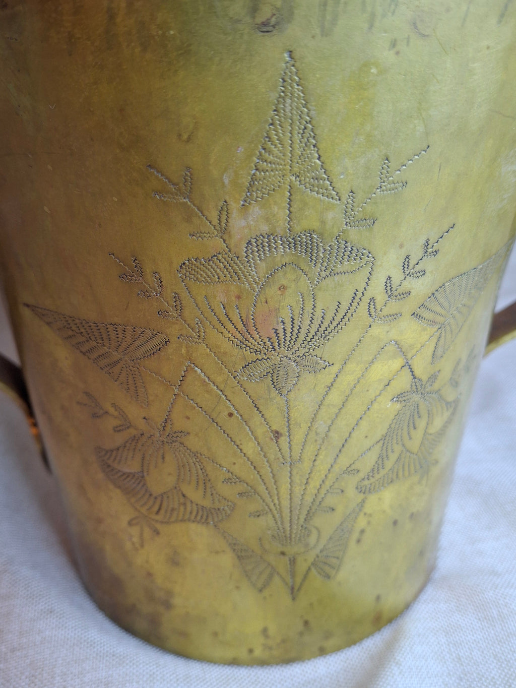 Antique Hand-Engraved Brass Two-Handled Vessel | Ornate Floral Netilat Yadayim / Loving Cup