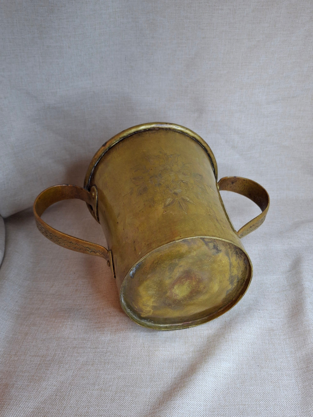 Antique Hand-Engraved Brass Two-Handled Vessel | Ornate Floral Netilat Yadayim / Loving Cup