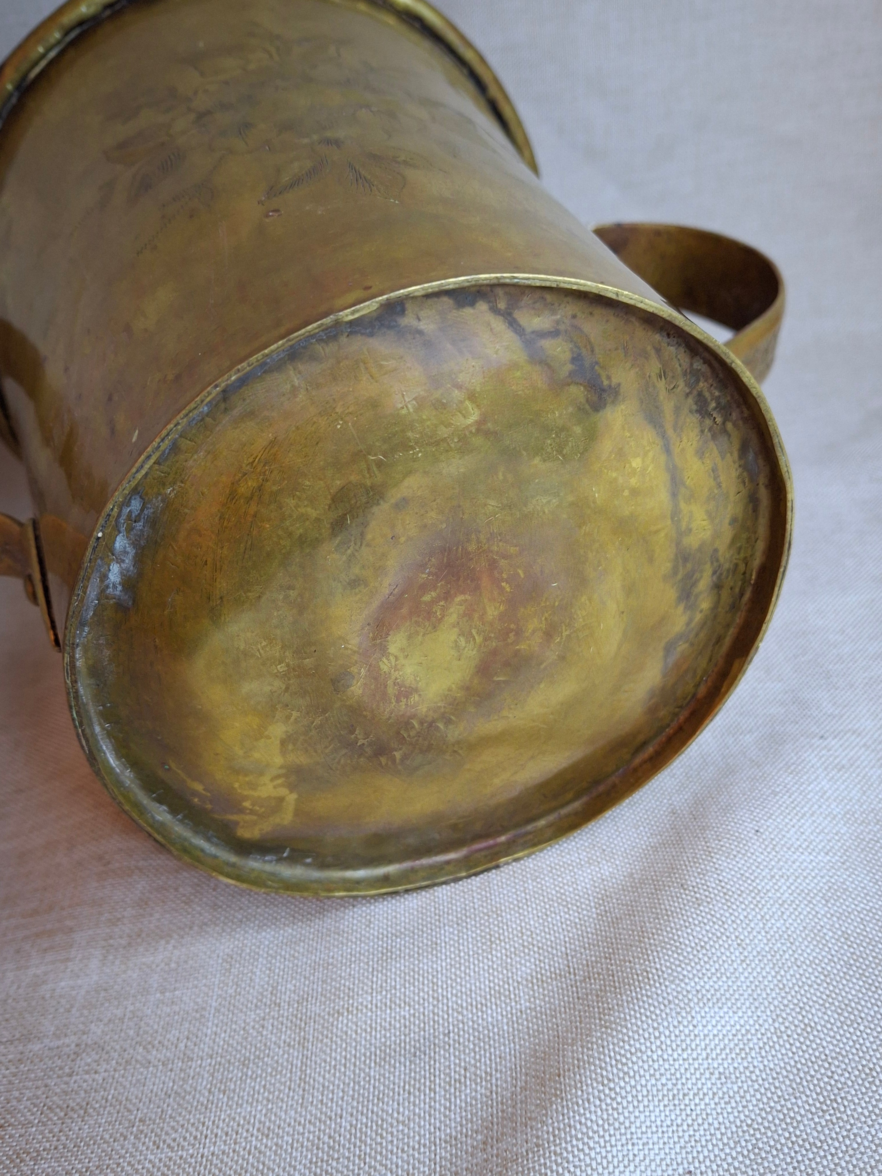 Antique Hand-Engraved Brass Two-Handled Vessel | Ornate Floral Netilat Yadayim / Loving Cup