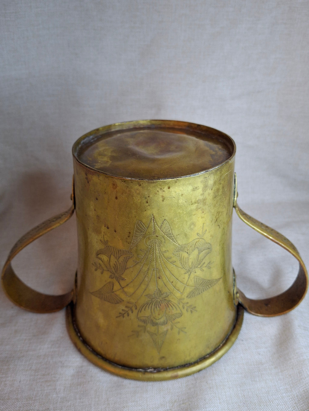 Antique Hand-Engraved Brass Two-Handled Vessel | Ornate Floral Netilat Yadayim / Loving Cup