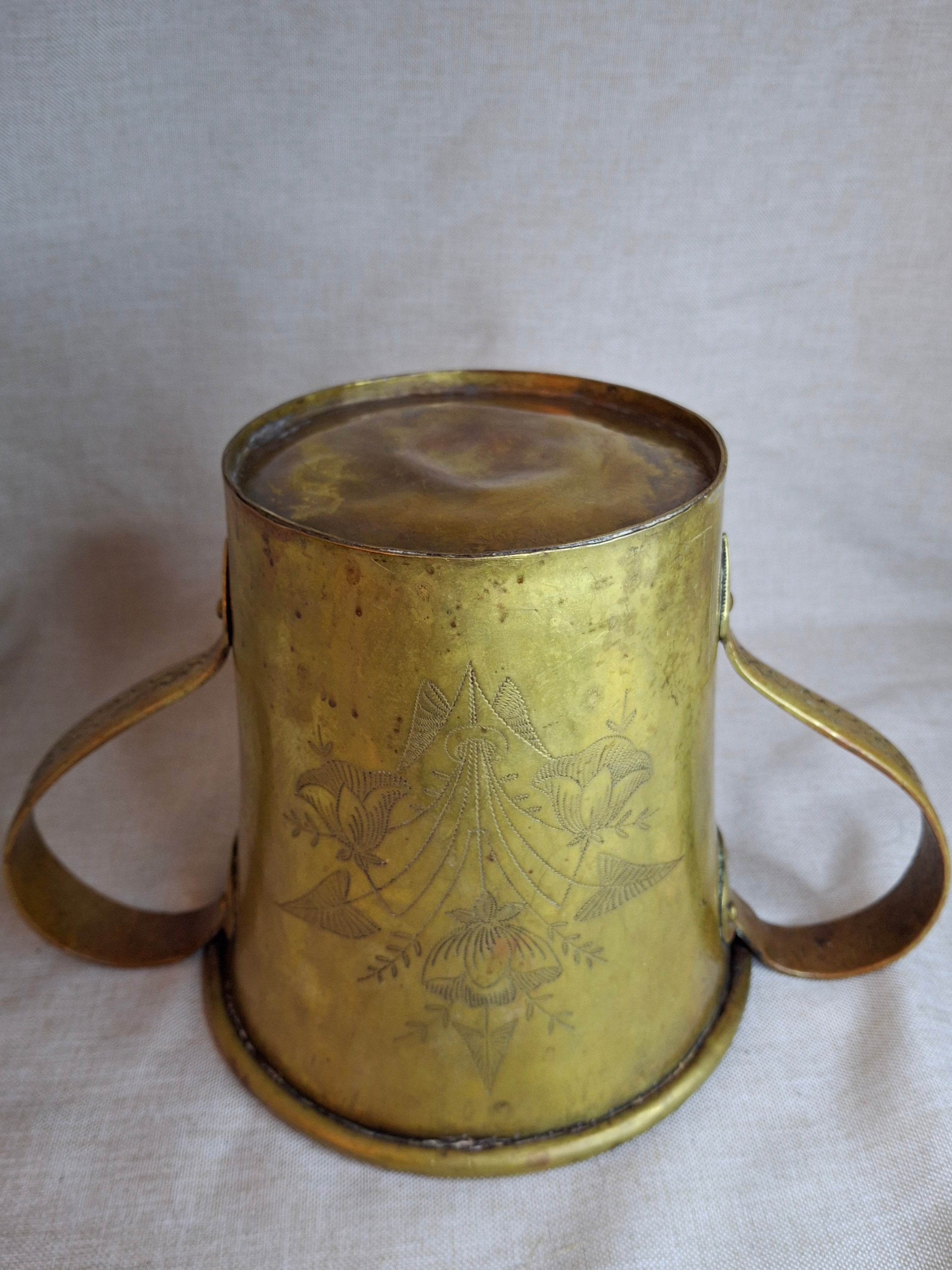 Antique Hand-Engraved Brass Two-Handled Vessel | Ornate Floral Netilat Yadayim / Loving Cup