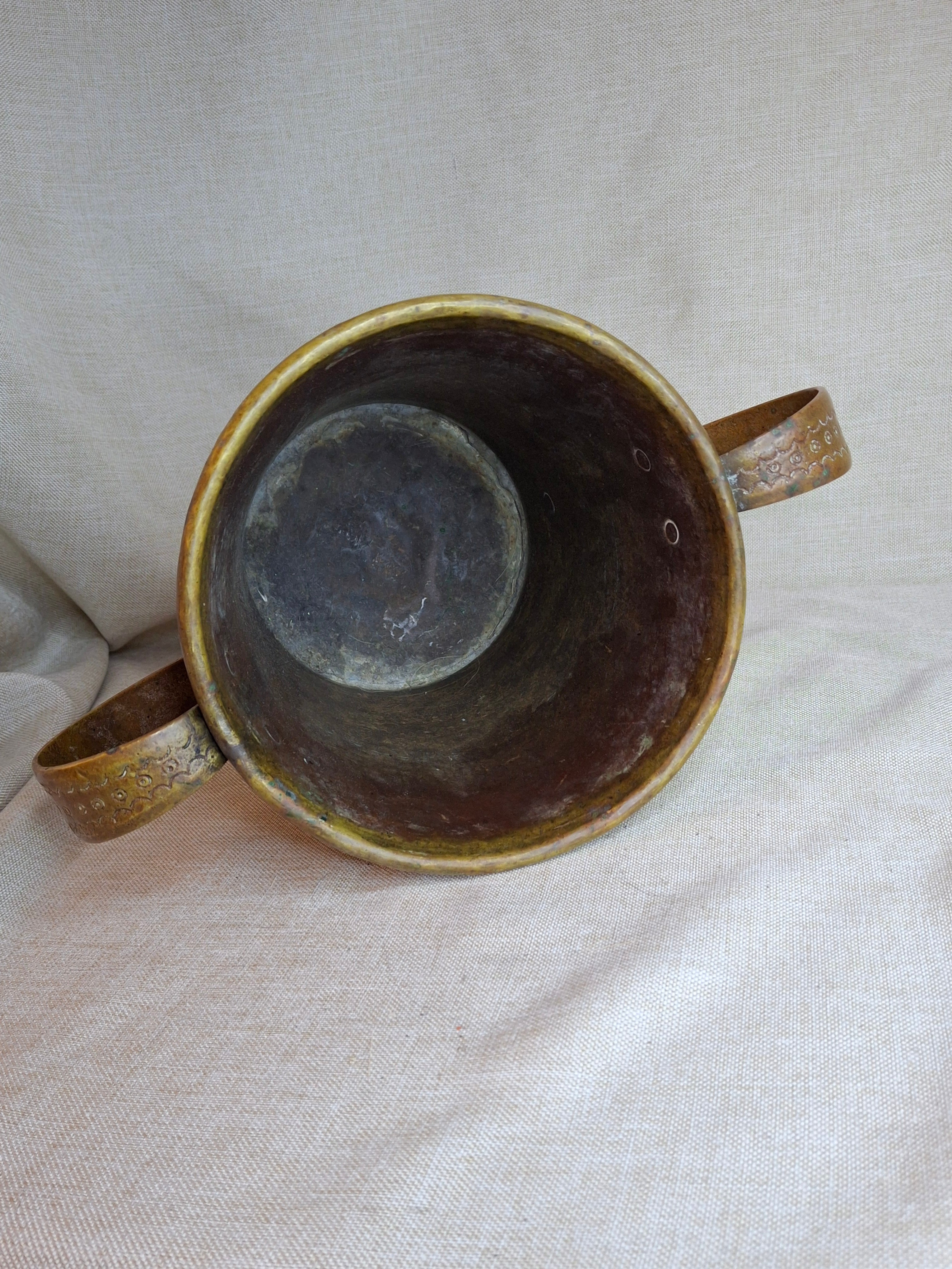 Antique Hand-Engraved Brass Two-Handled Vessel | Ornate Floral Netilat Yadayim / Loving Cup
