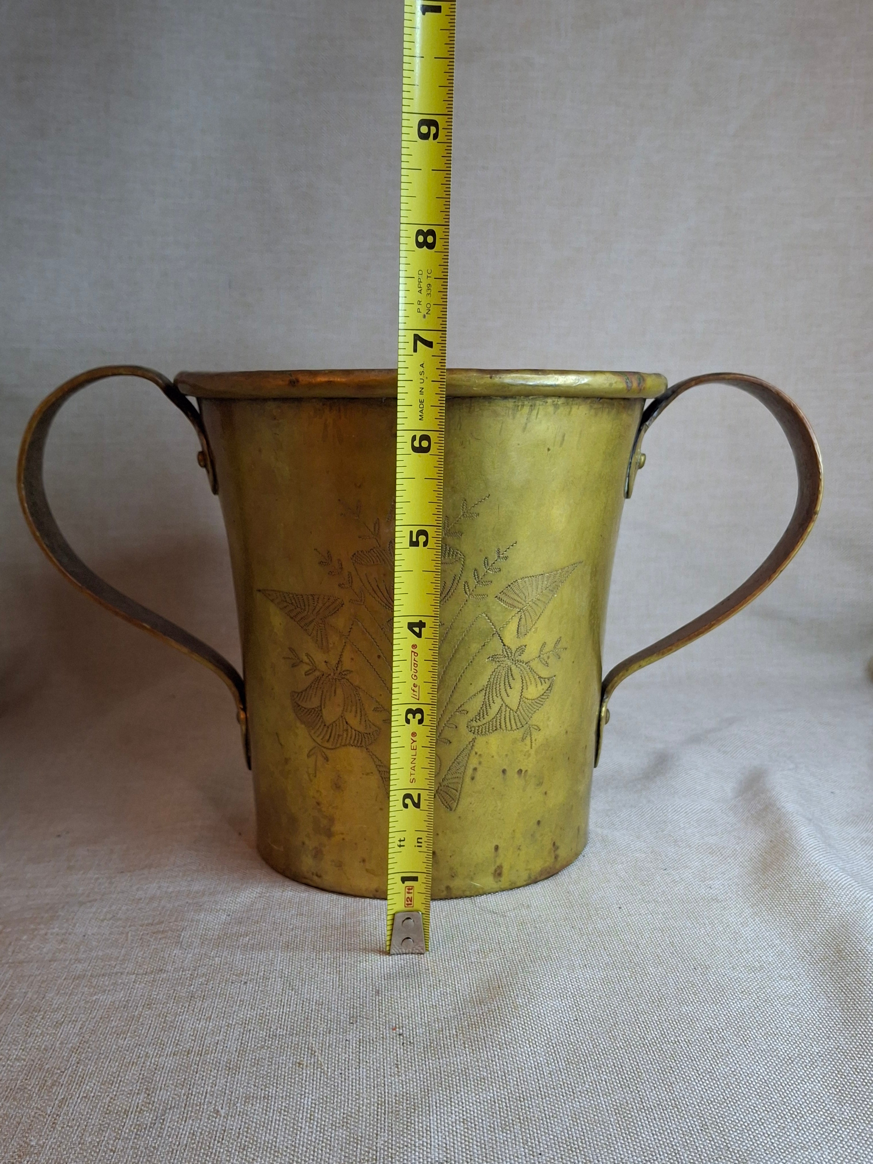 Antique Hand-Engraved Brass Two-Handled Vessel | Ornate Floral Netilat Yadayim / Loving Cup