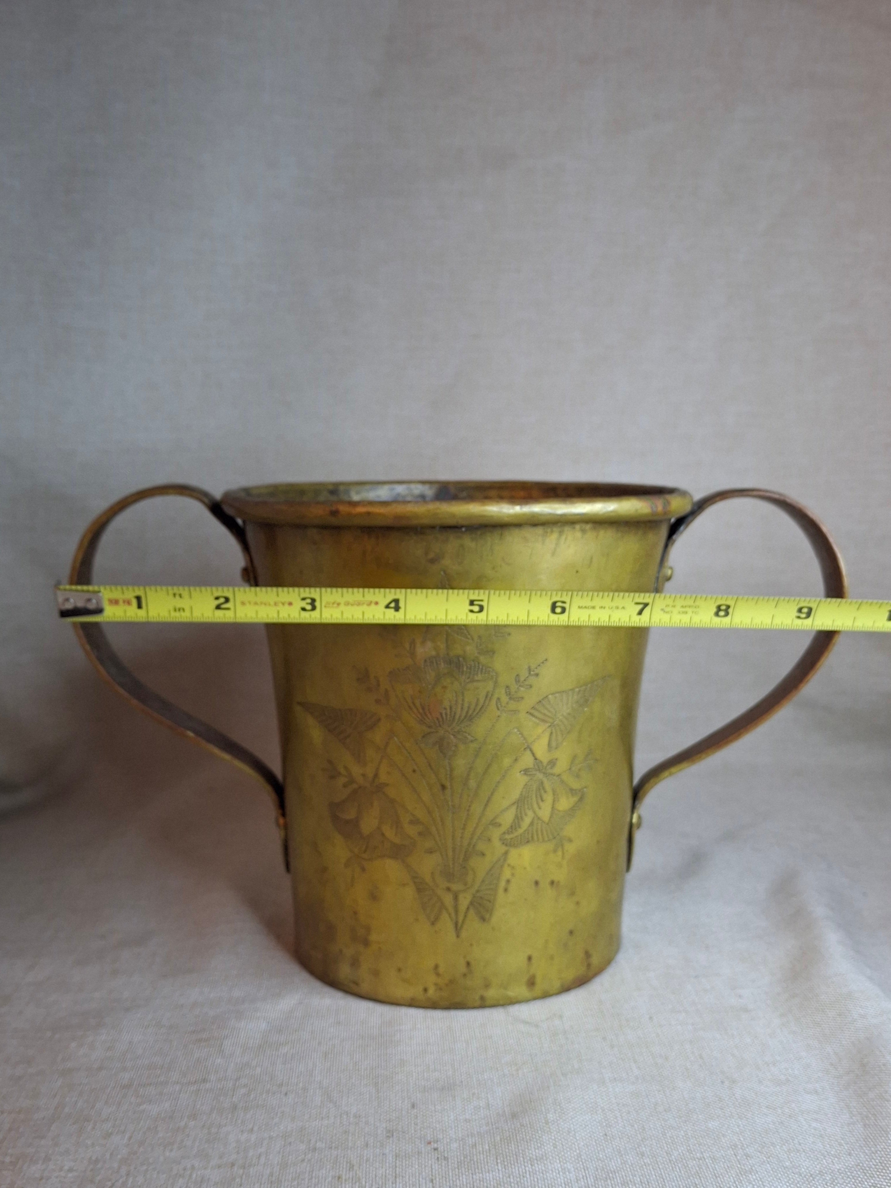 Antique Hand-Engraved Brass Two-Handled Vessel | Ornate Floral Netilat Yadayim / Loving Cup
