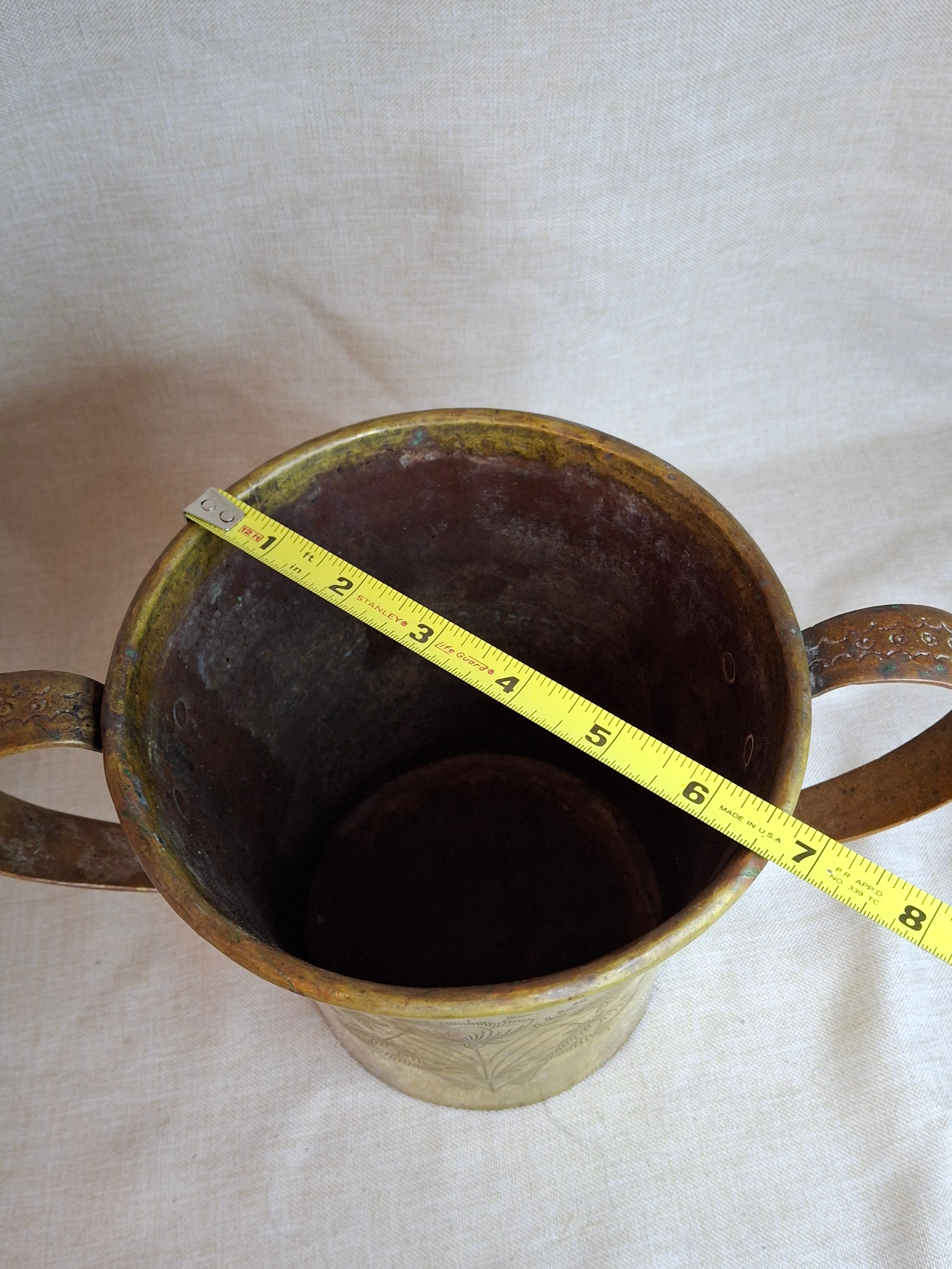 Antique Hand-Engraved Brass Two-Handled Vessel | Ornate Floral Netilat Yadayim / Loving Cup