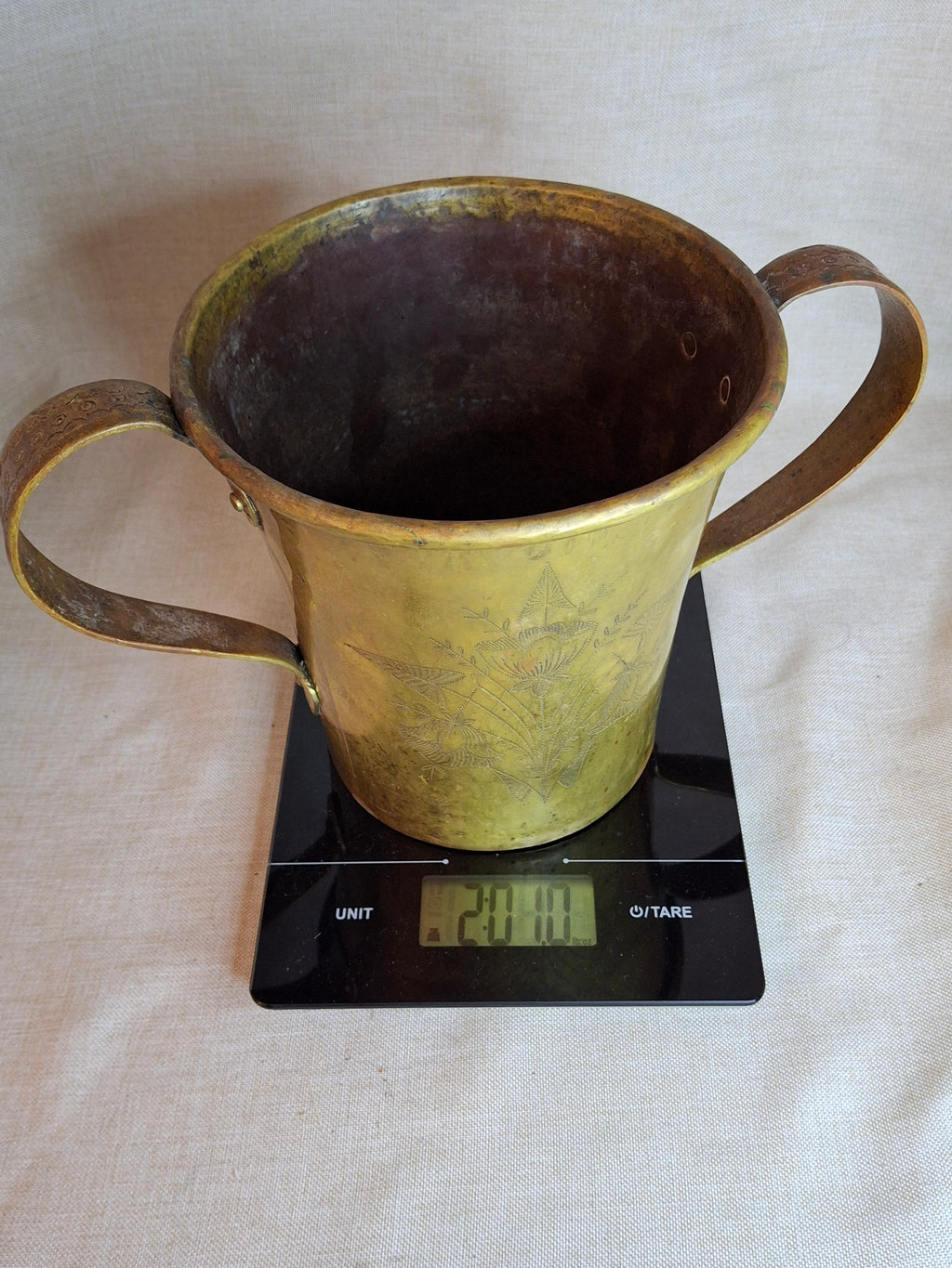 Antique Hand-Engraved Brass Two-Handled Vessel | Ornate Floral Netilat Yadayim / Loving Cup