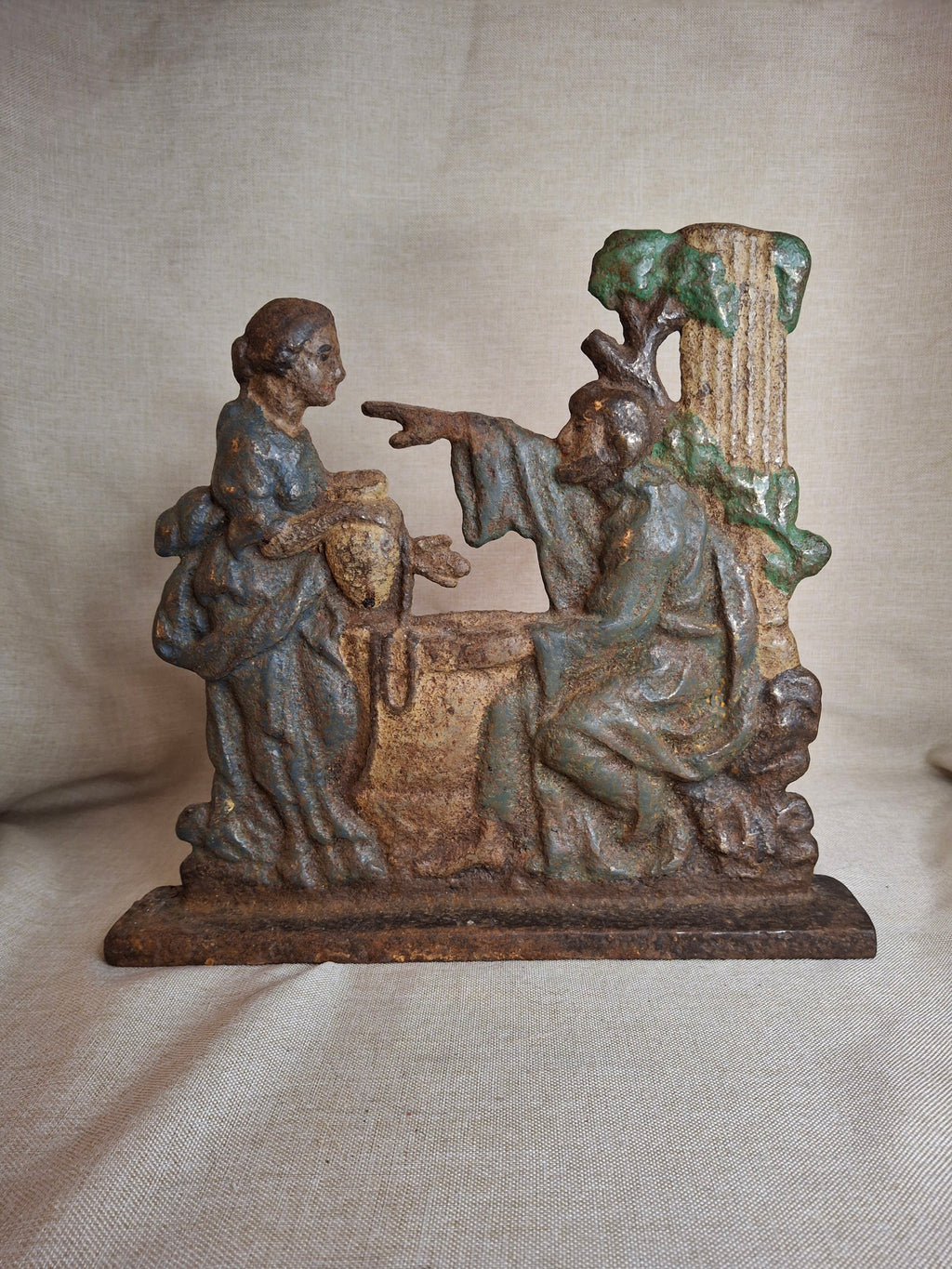 Antique Cast Iron Rebecca at the Well Doorstop Biblical Figural Original Paint