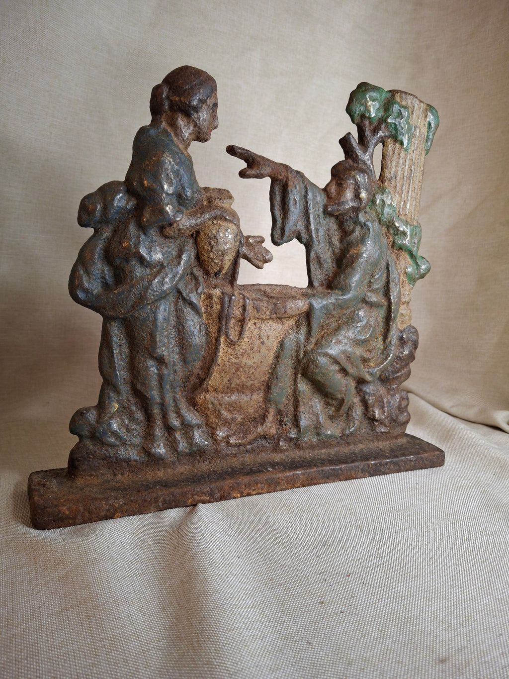 Antique Cast Iron Rebecca at the Well Doorstop Biblical Figural Original Paint