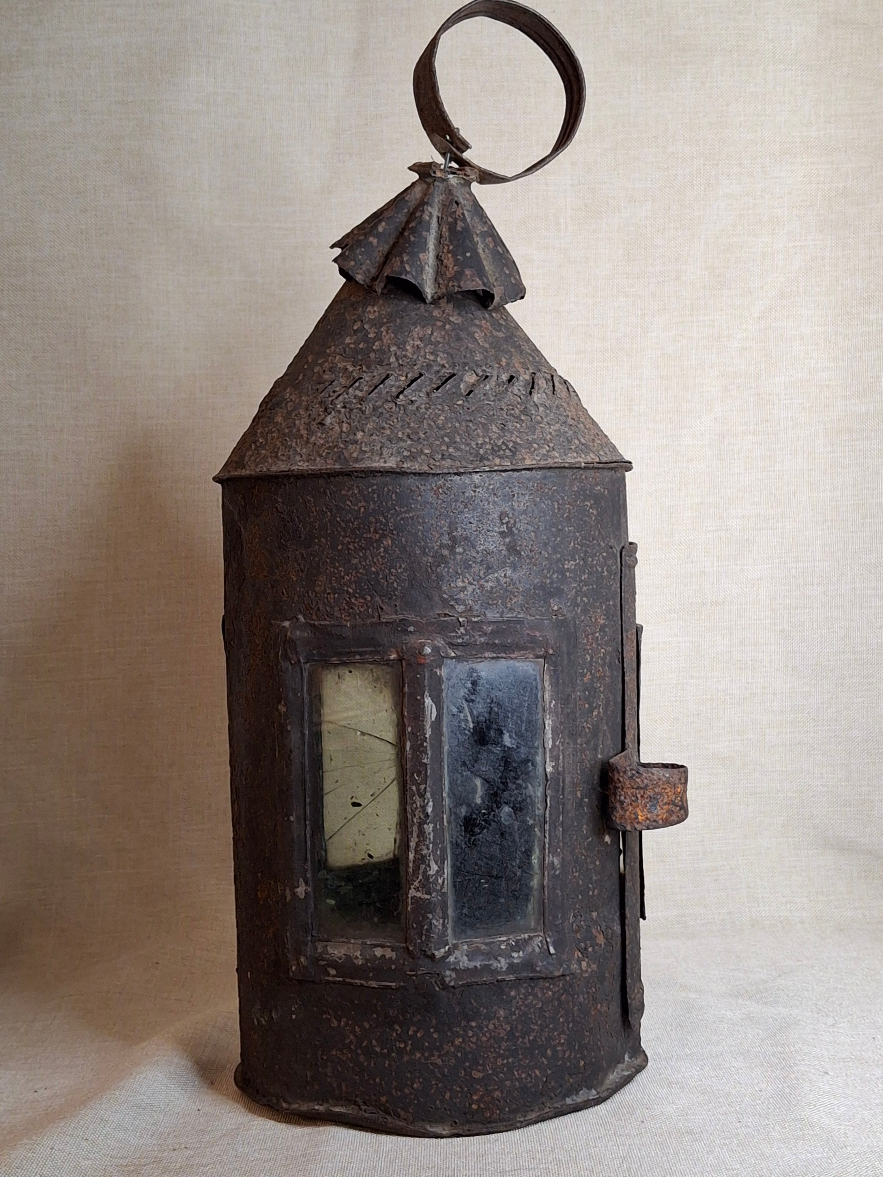 Antique 19th Century Sheet Iron Candle Lantern with Original Glass | Primitive Barn Lighting