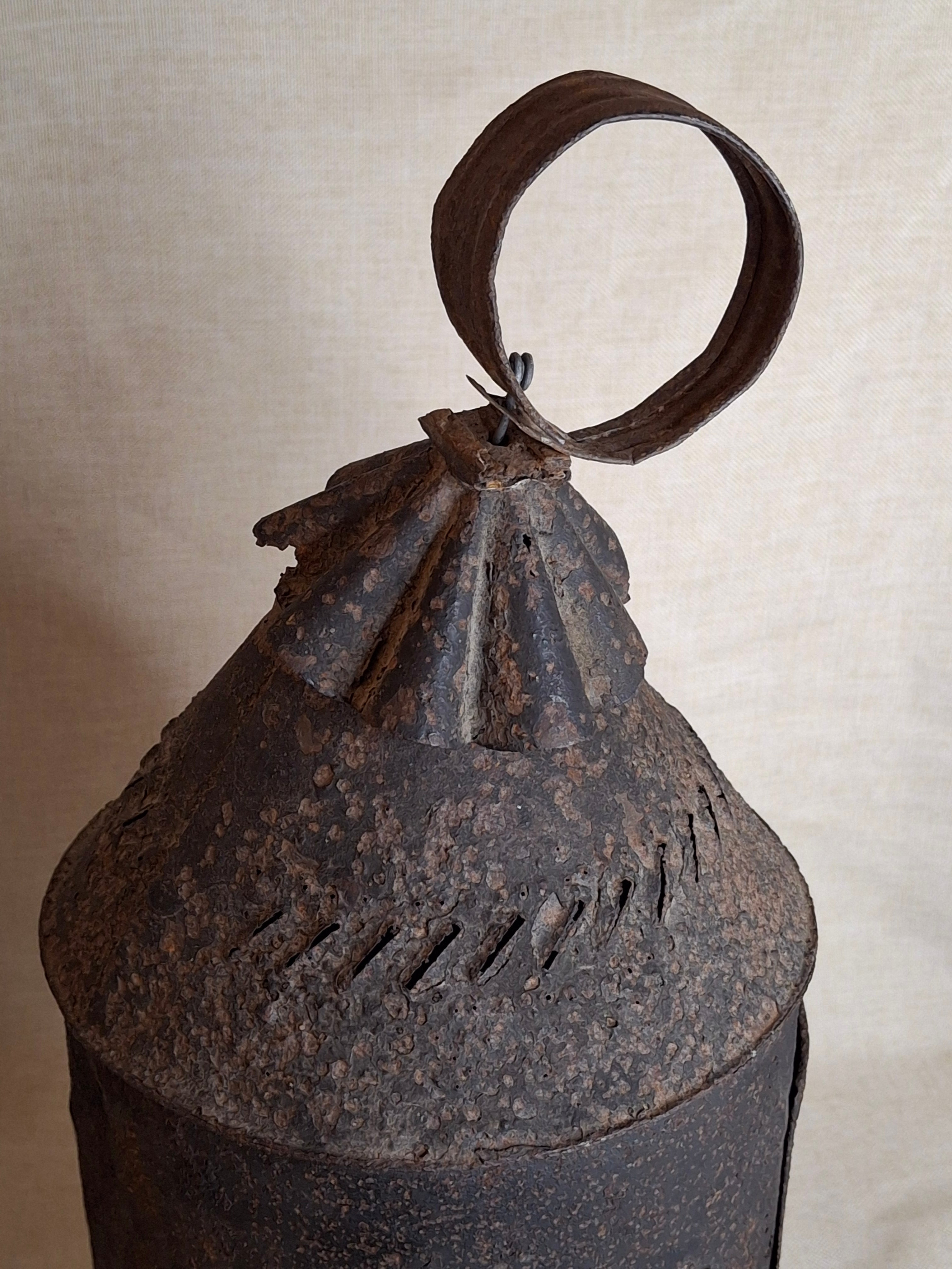 Antique 19th Century Sheet Iron Candle Lantern with Original Glass | Primitive Barn Lighting