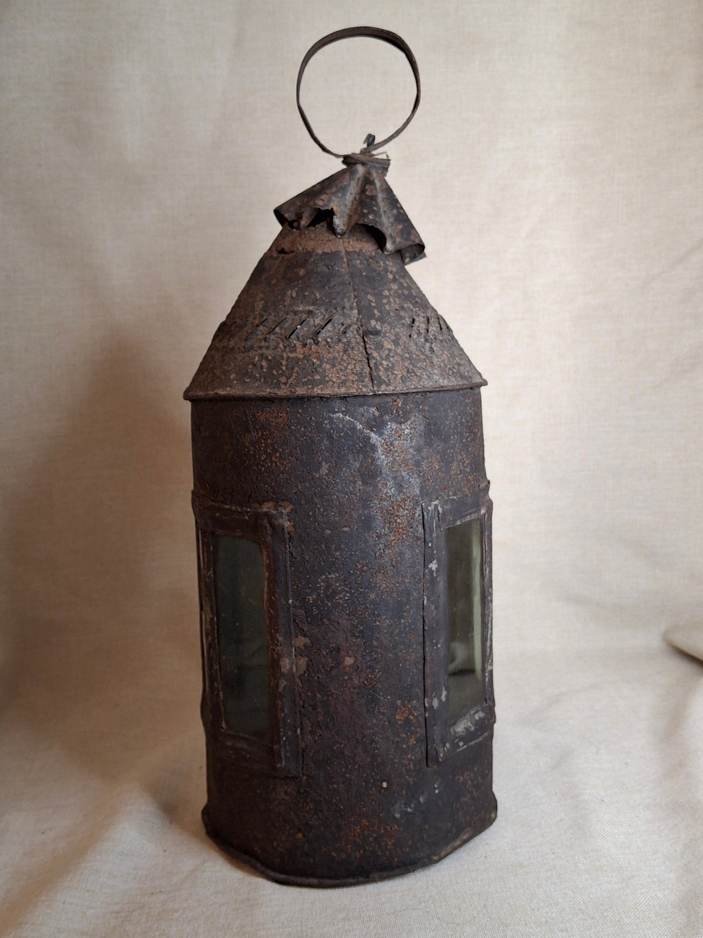 Antique 19th Century Sheet Iron Candle Lantern with Original Glass | Primitive Barn Lighting