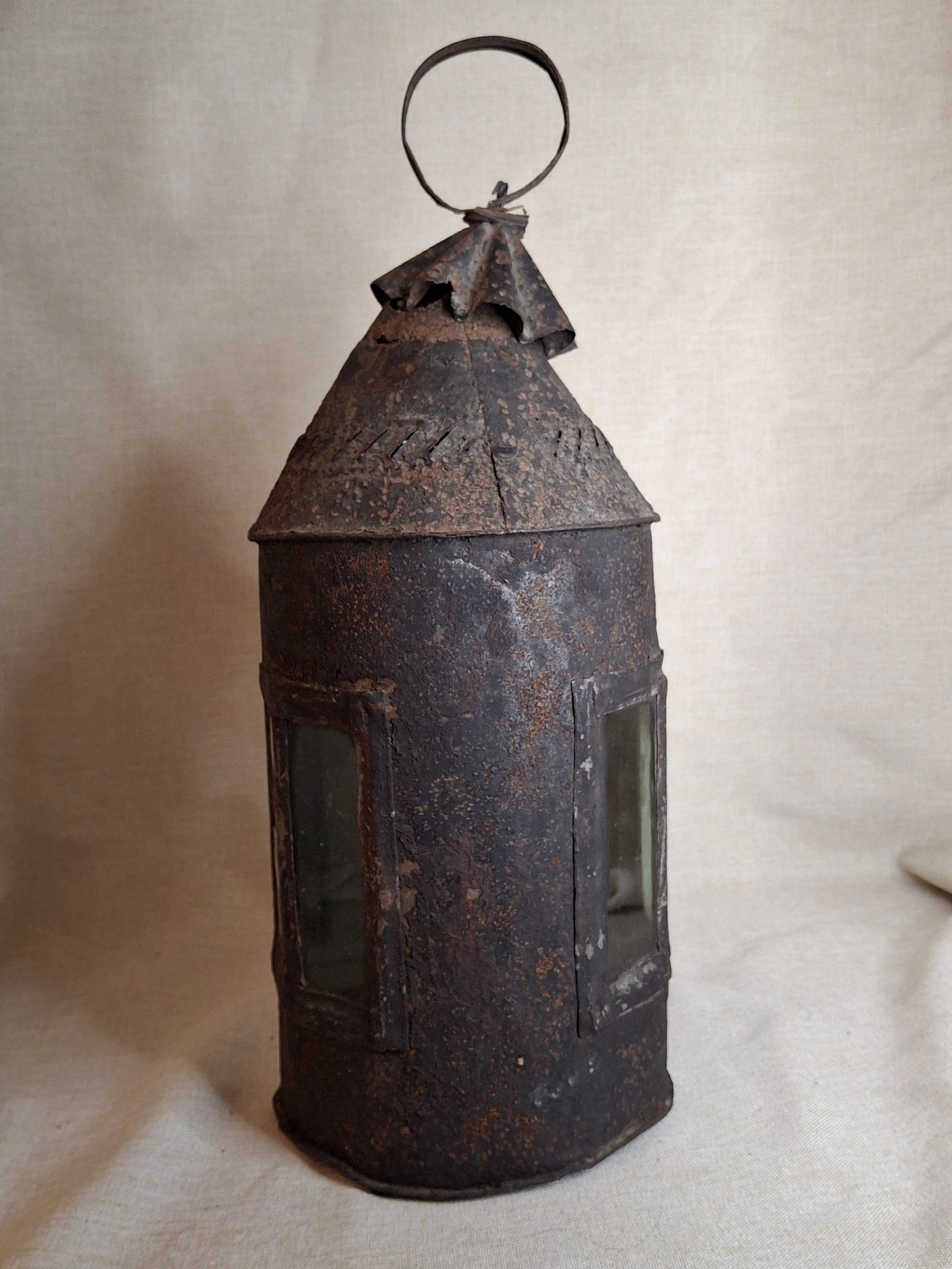 Antique 19th Century Sheet Iron Candle Lantern with Original Glass | Primitive Barn Lighting