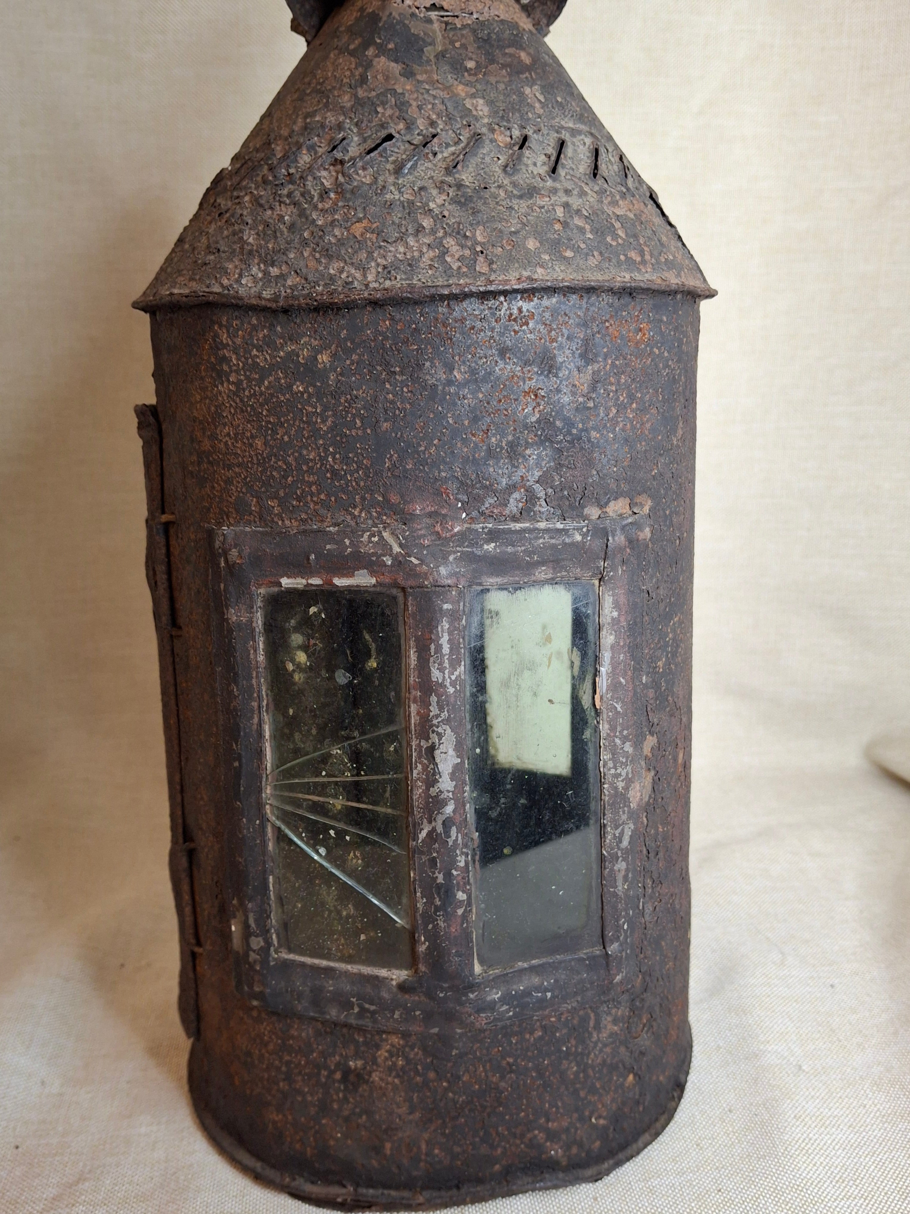 Antique 19th Century Sheet Iron Candle Lantern with Original Glass | Primitive Barn Lighting