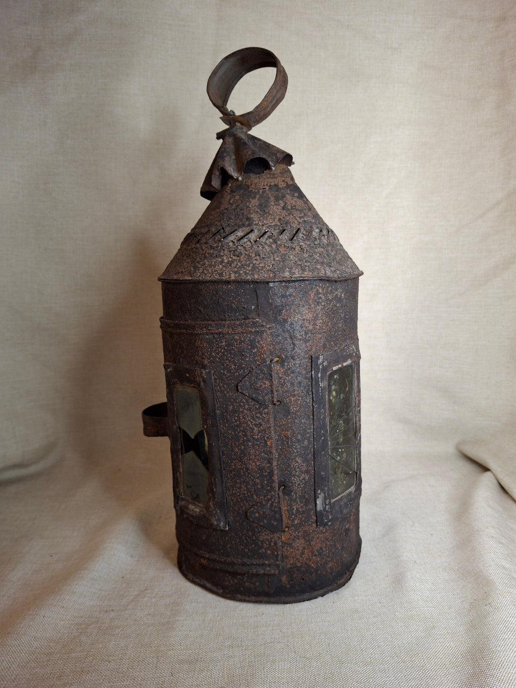Antique 19th Century Sheet Iron Candle Lantern with Original Glass | Primitive Barn Lighting