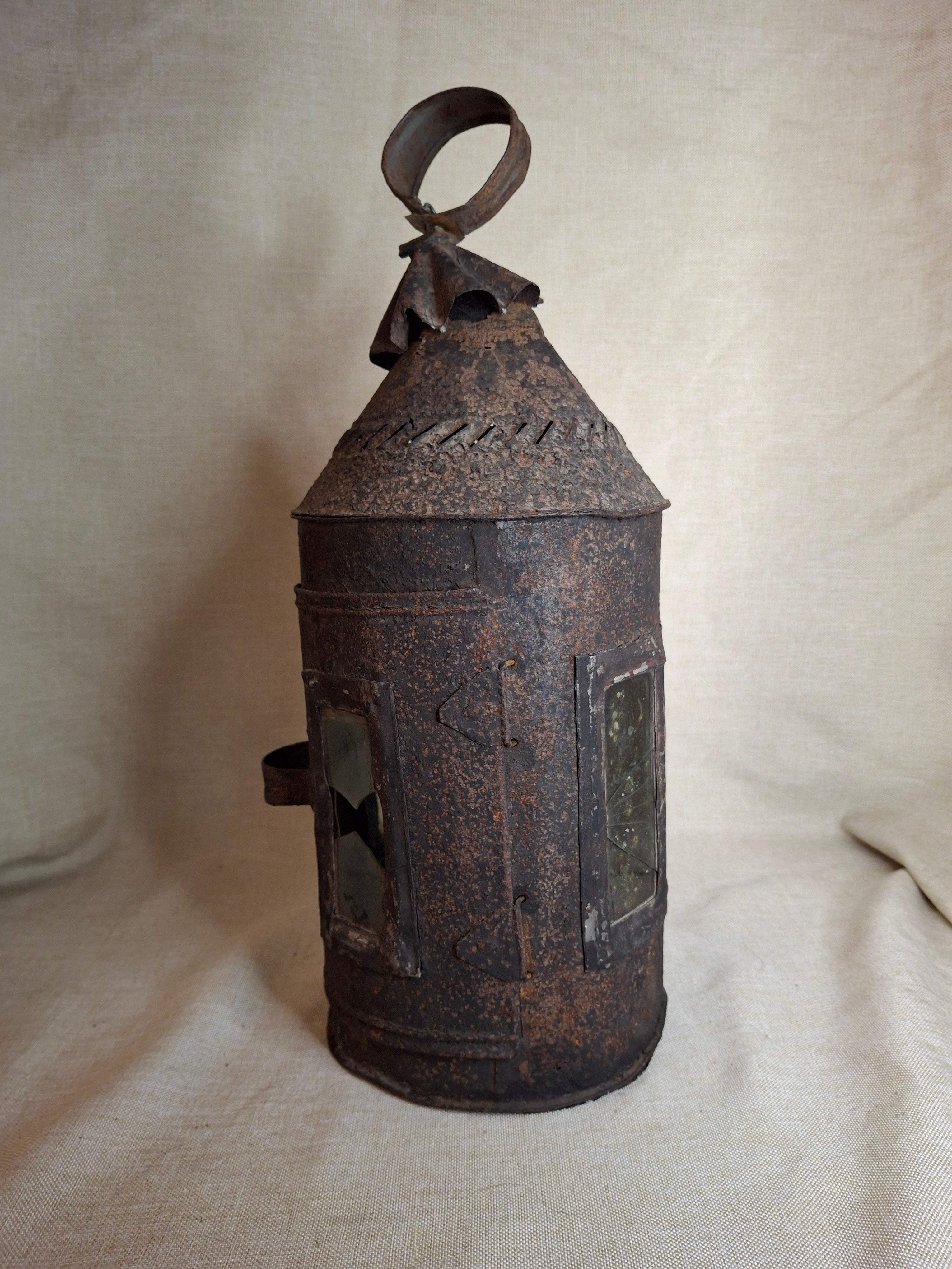 Antique 19th Century Sheet Iron Candle Lantern with Original Glass | Primitive Barn Lighting