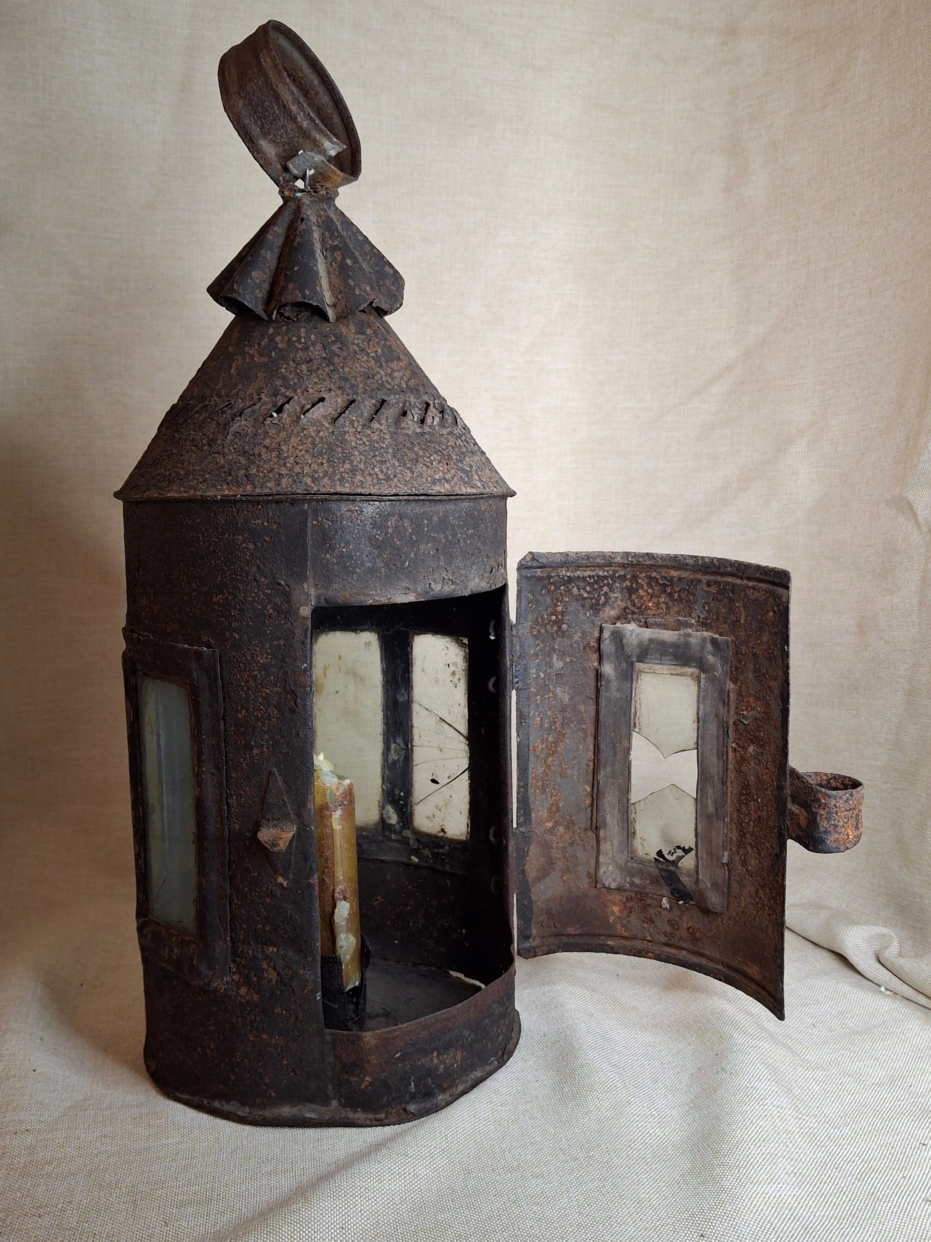 Antique 19th Century Sheet Iron Candle Lantern with Original Glass | Primitive Barn Lighting