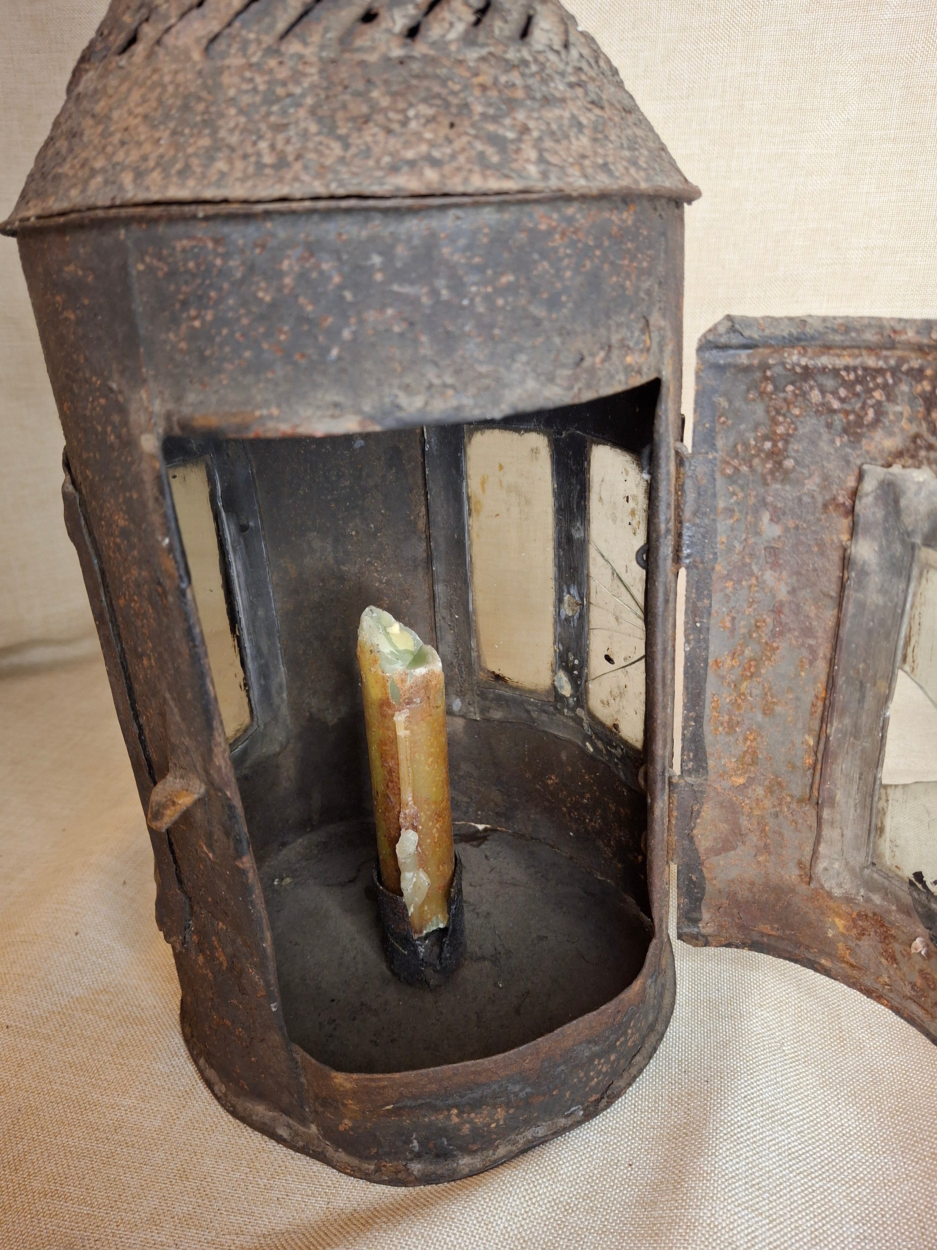 Antique 19th Century Sheet Iron Candle Lantern with Original Glass | Primitive Barn Lighting