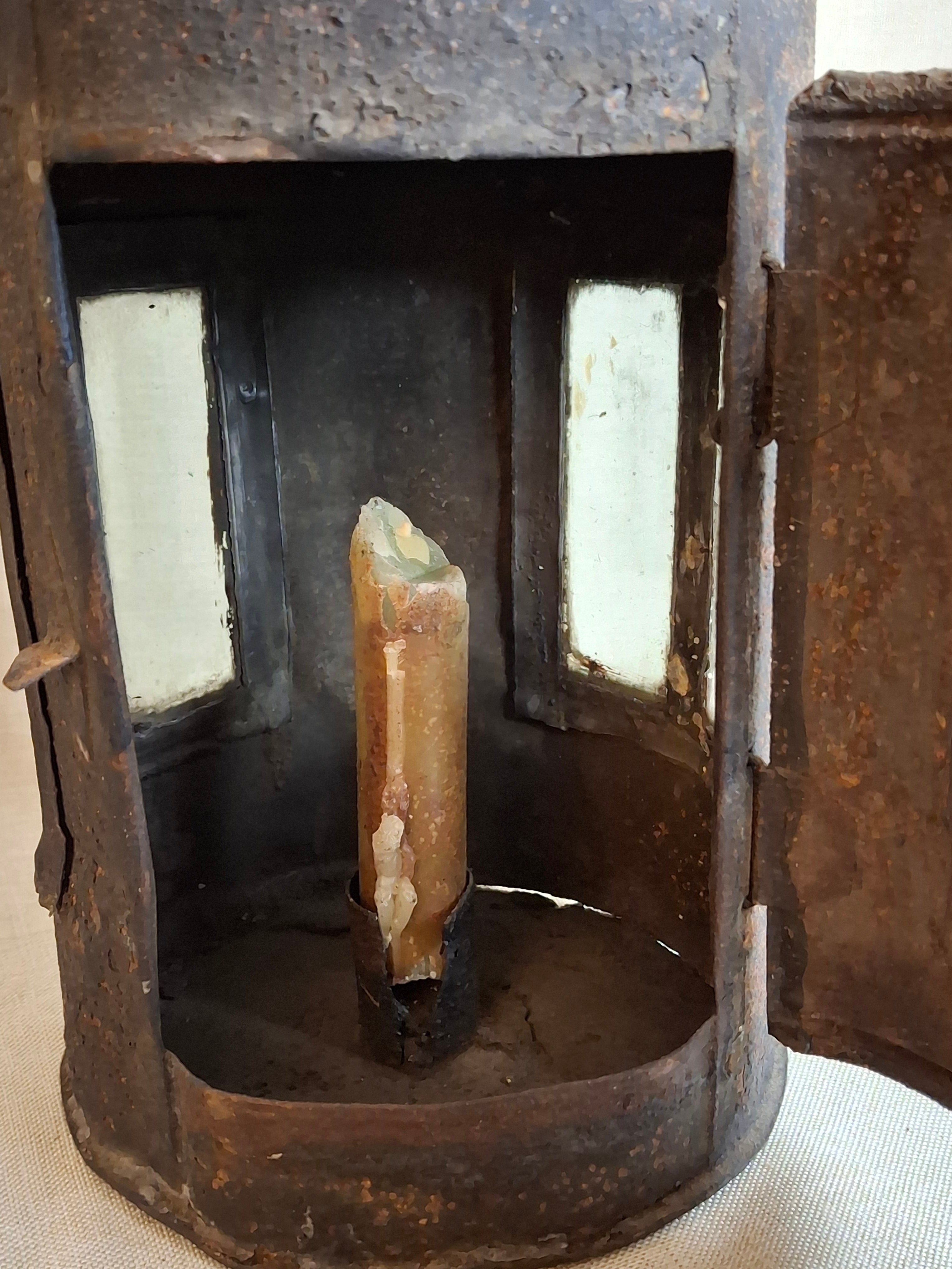 Antique 19th Century Sheet Iron Candle Lantern with Original Glass | Primitive Barn Lighting