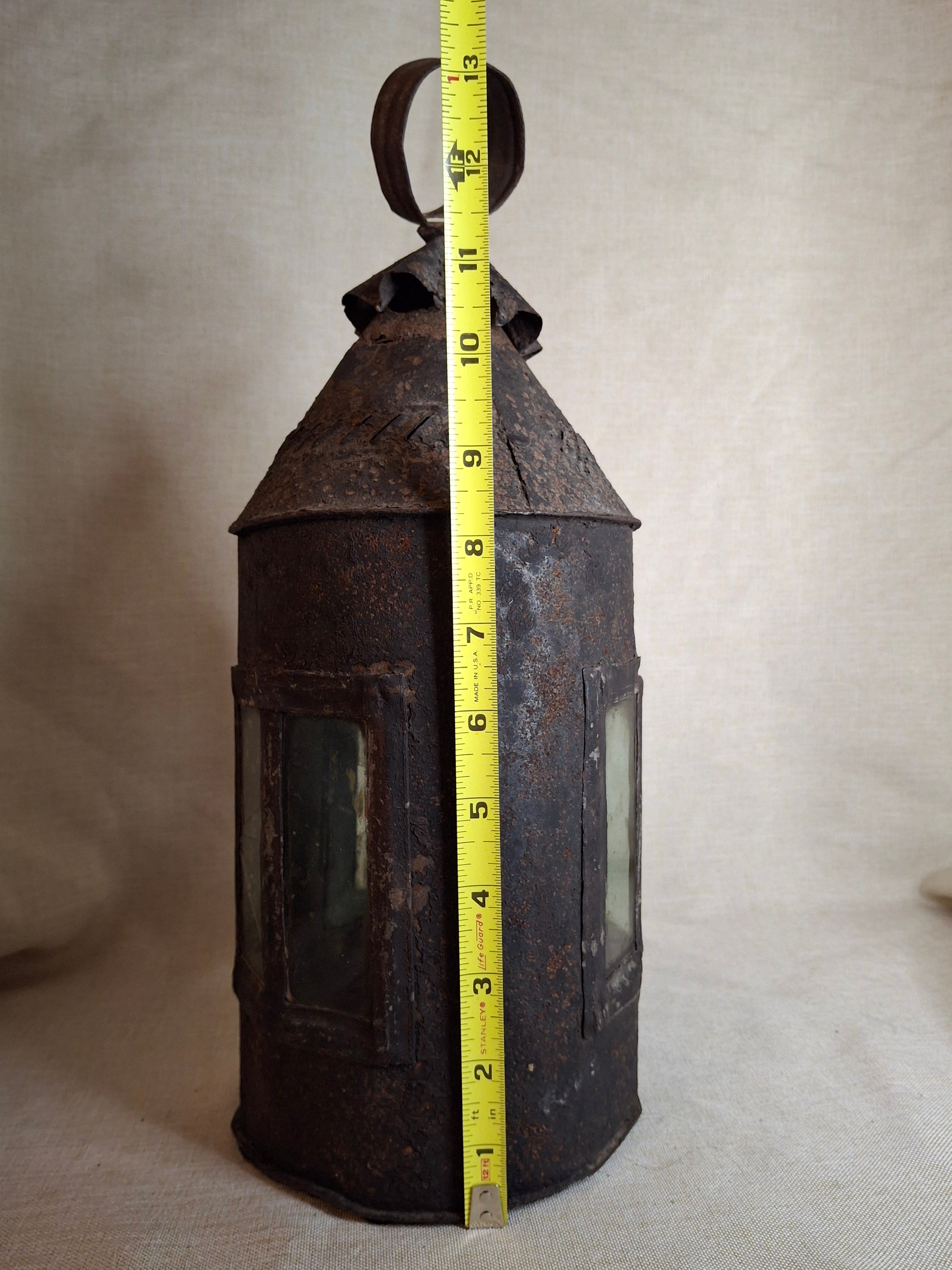 Antique 19th Century Sheet Iron Candle Lantern with Original Glass | Primitive Barn Lighting