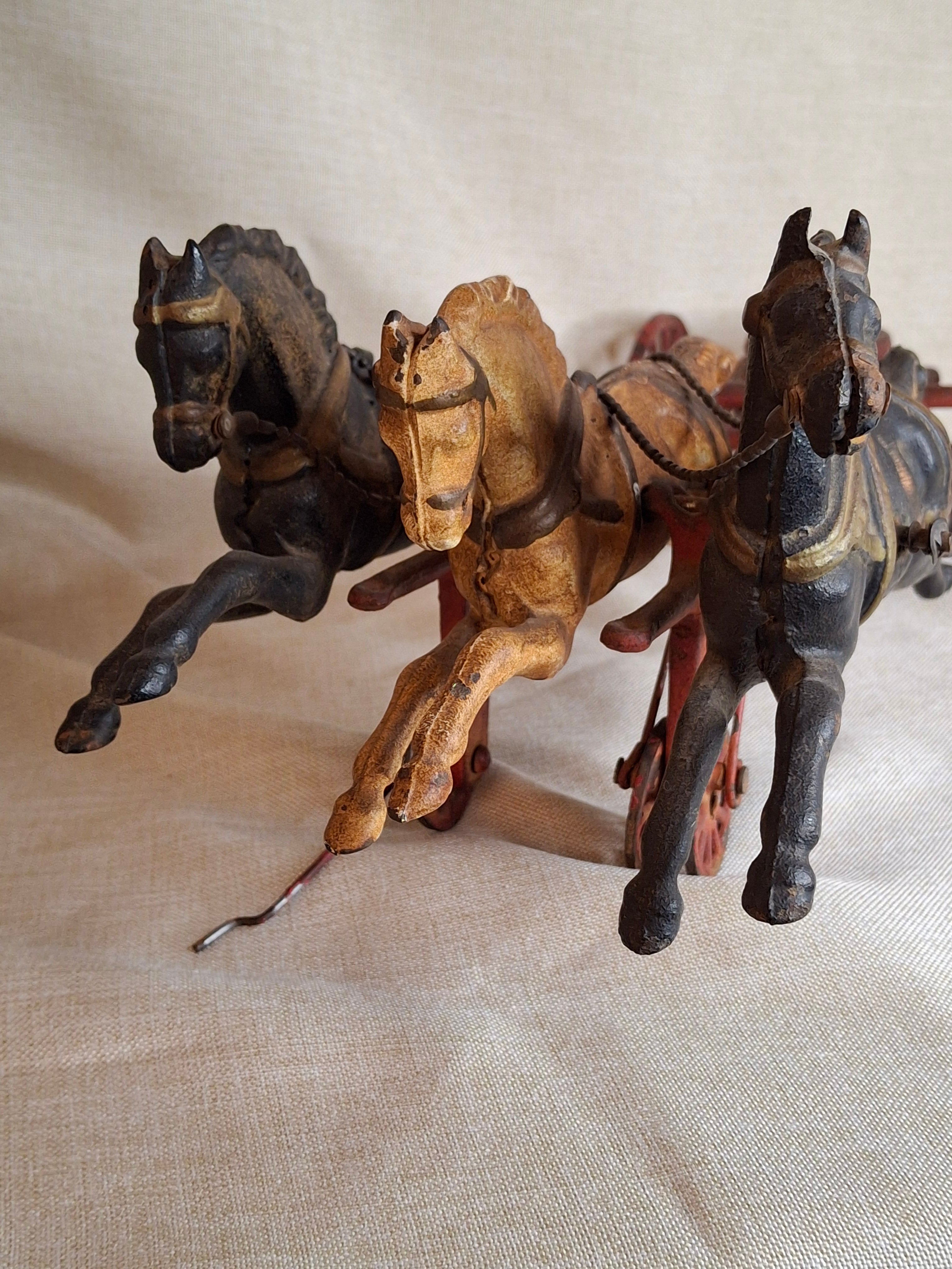 Large Vintage 21" Cast Iron 3-Horse Fire Pumper Wagon Toy - Utexiqual / Kenton Style
