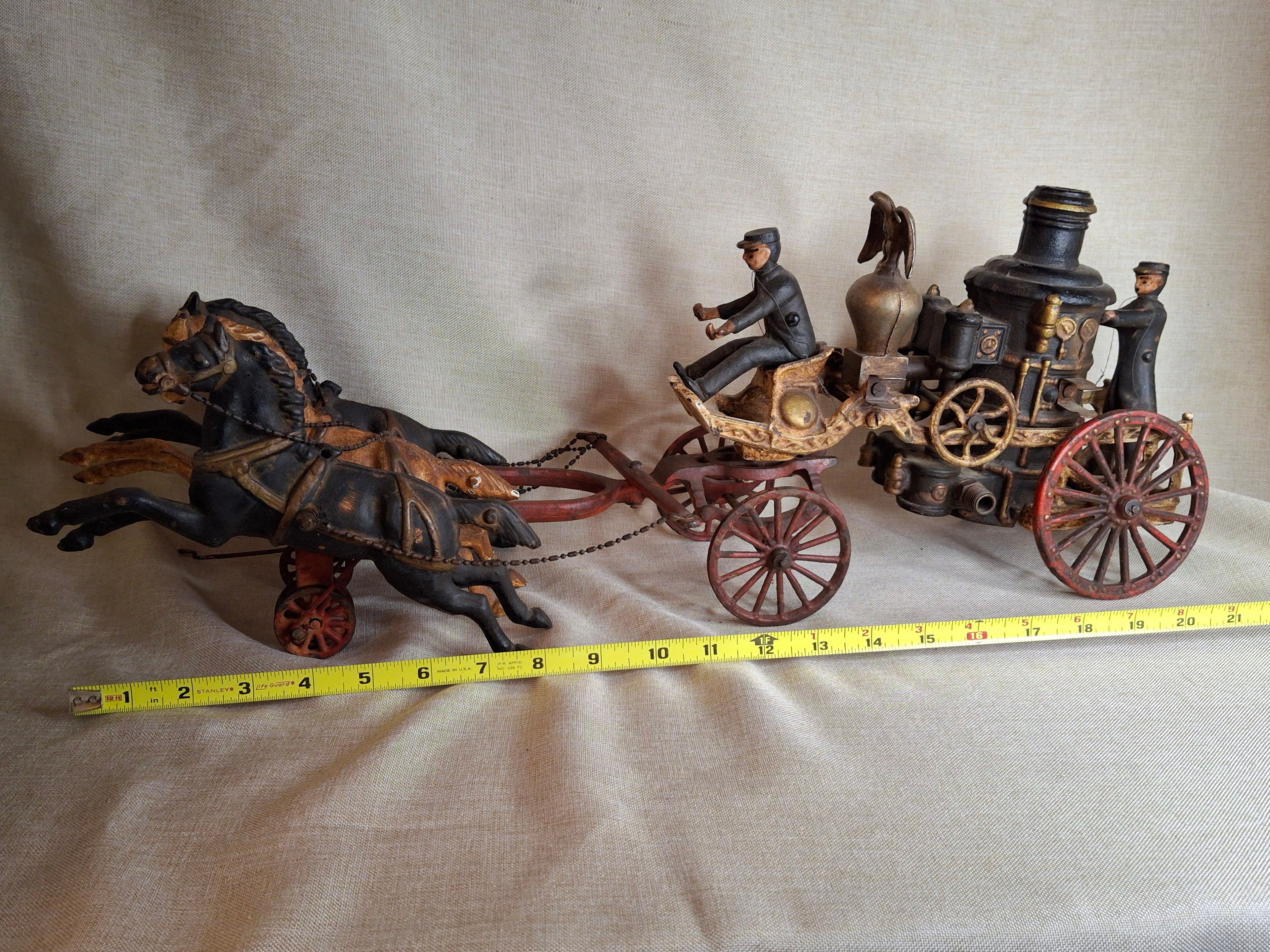 Large Vintage 21" Cast Iron 3-Horse Fire Pumper Wagon Toy - Utexiqual / Kenton Style