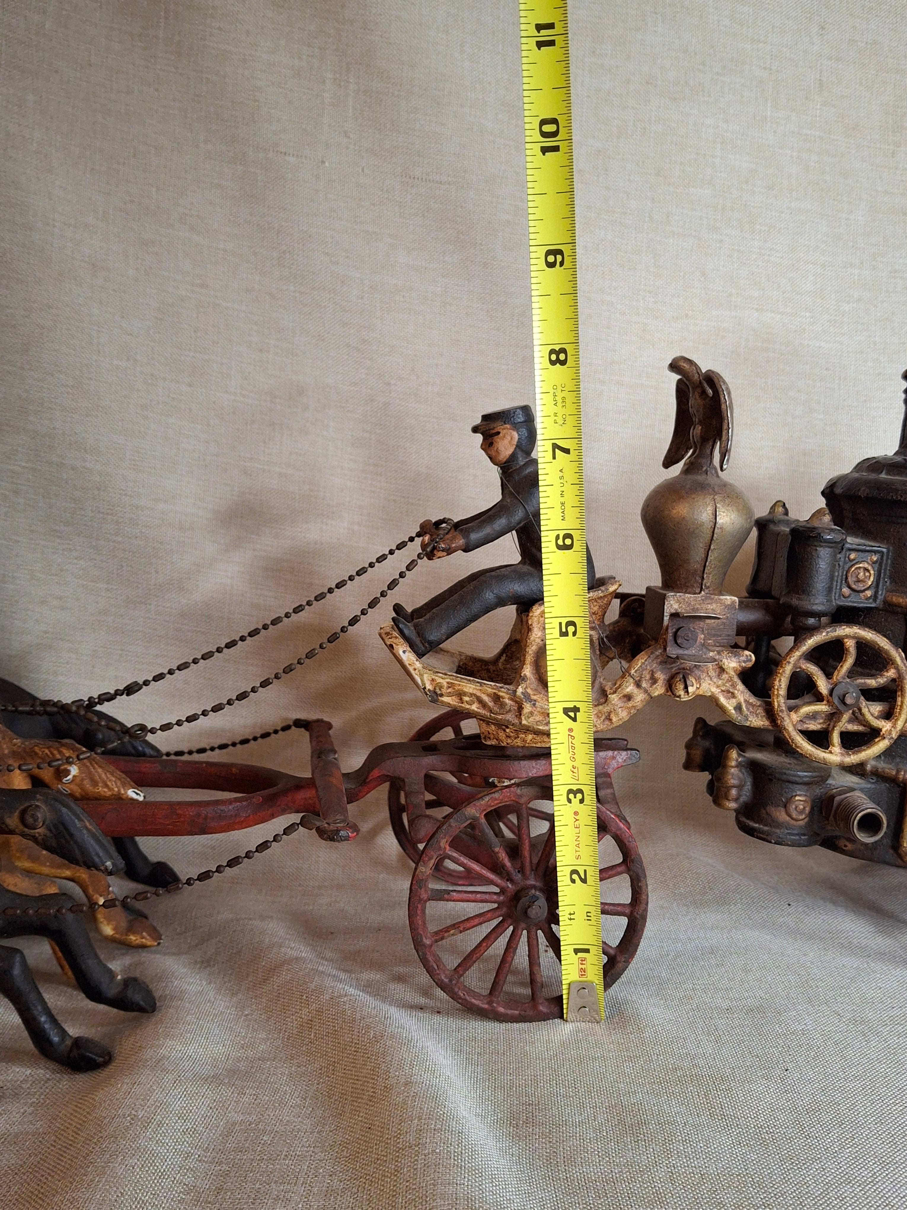 Large Vintage 21" Cast Iron 3-Horse Fire Pumper Wagon Toy - Utexiqual / Kenton Style