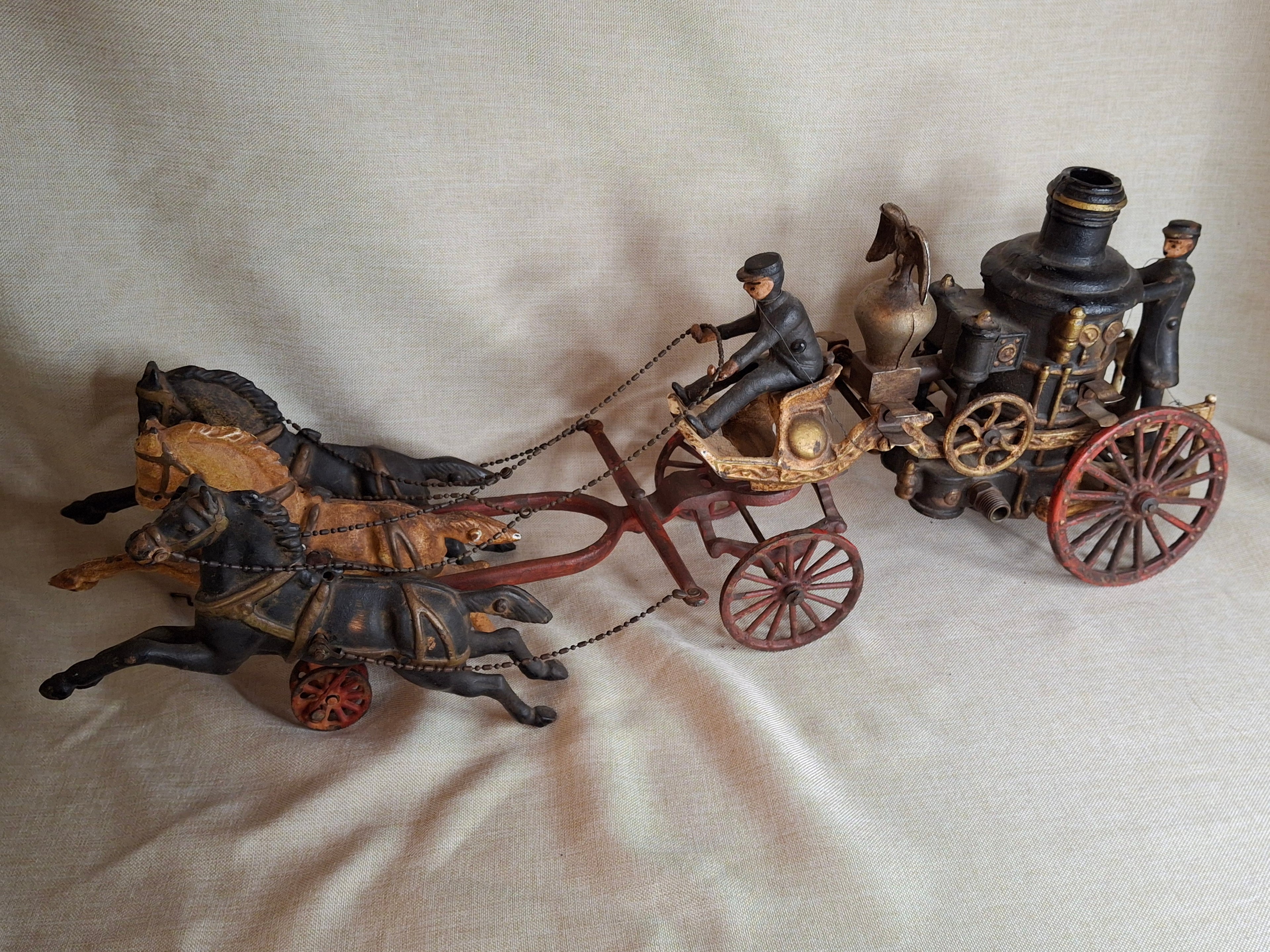 Large Vintage 21" Cast Iron 3-Horse Fire Pumper Wagon Toy - Utexiqual / Kenton Style