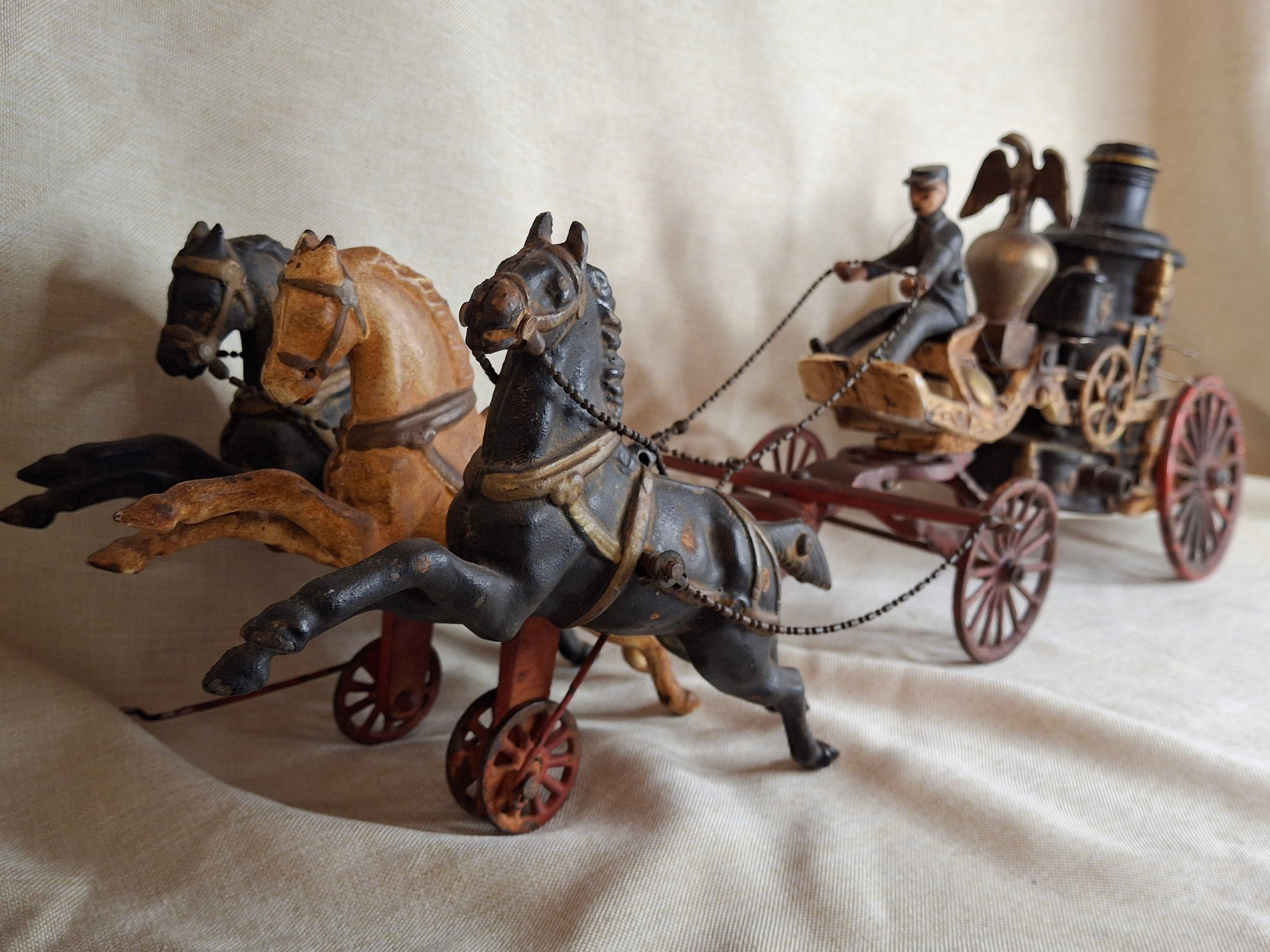 Large Vintage 21" Cast Iron 3-Horse Fire Pumper Wagon Toy - Utexiqual / Kenton Style
