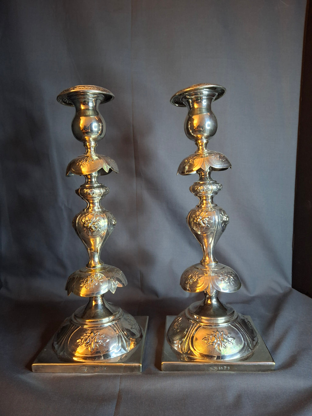 Antique Polish Judaica Silver Plated Shabbat Candlesticks Chaim Grun Warsaw 12"