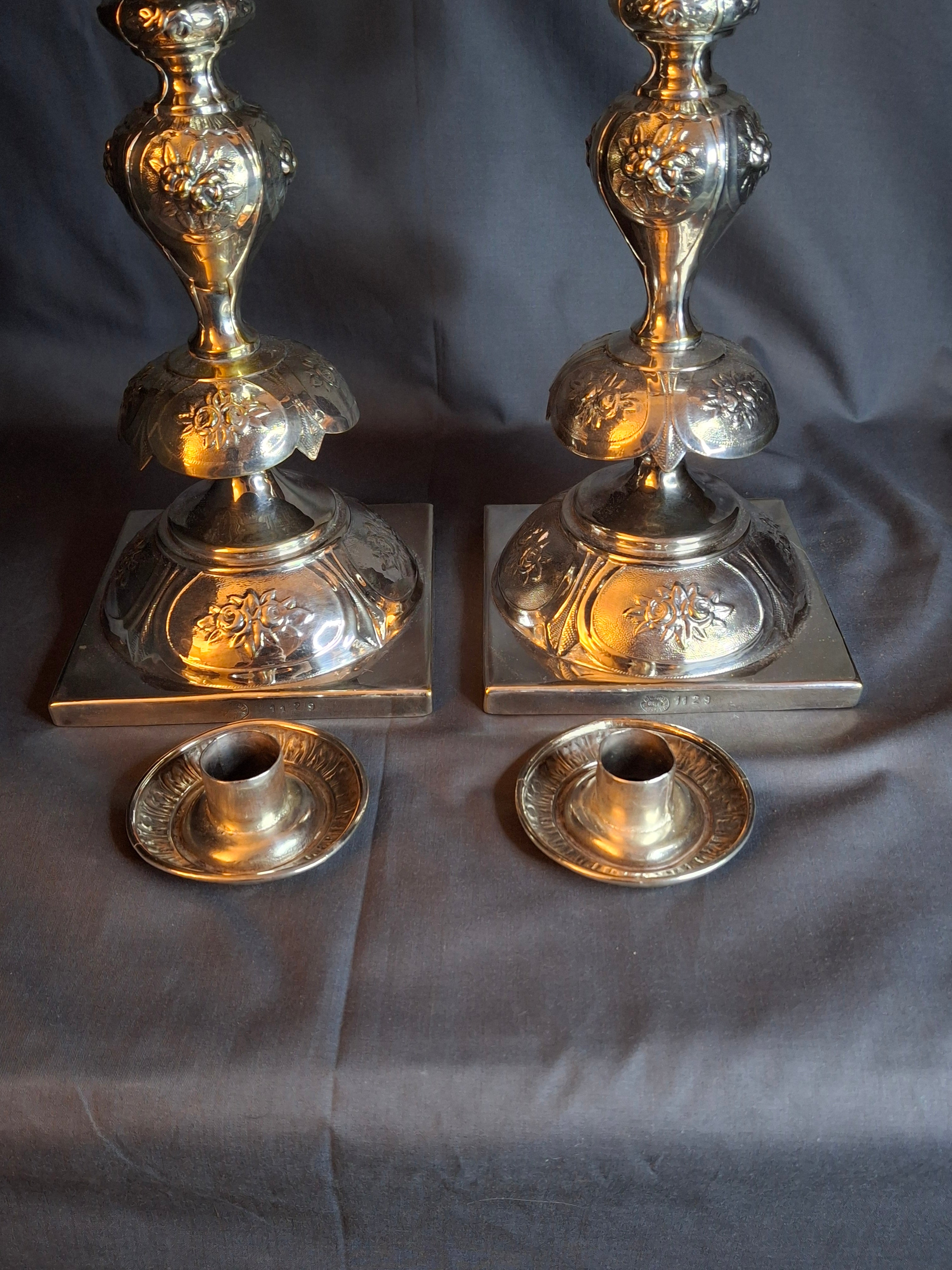 Antique Polish Judaica Silver Plated Shabbat Candlesticks Chaim Grun Warsaw 12"