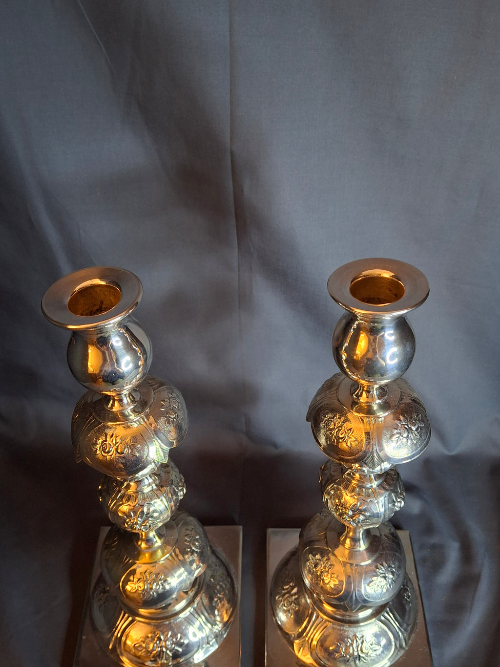 Antique Polish Judaica Silver Plated Shabbat Candlesticks Chaim Grun Warsaw 12"