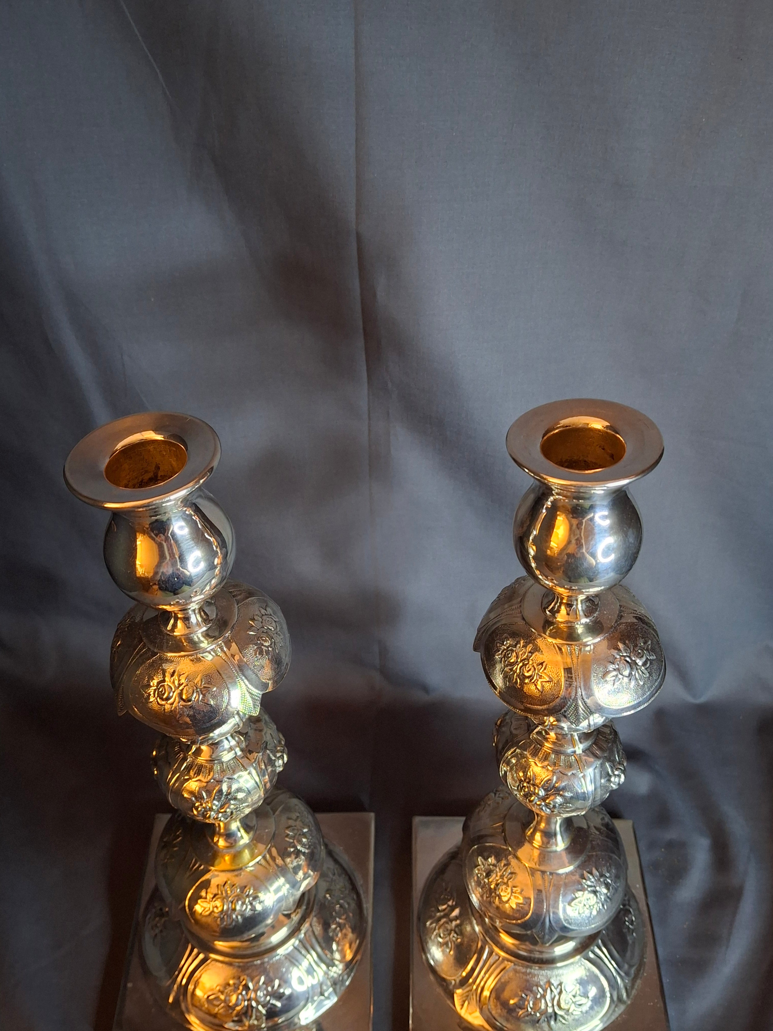 Antique Polish Judaica Silver Plated Shabbat Candlesticks Chaim Grun Warsaw 12"