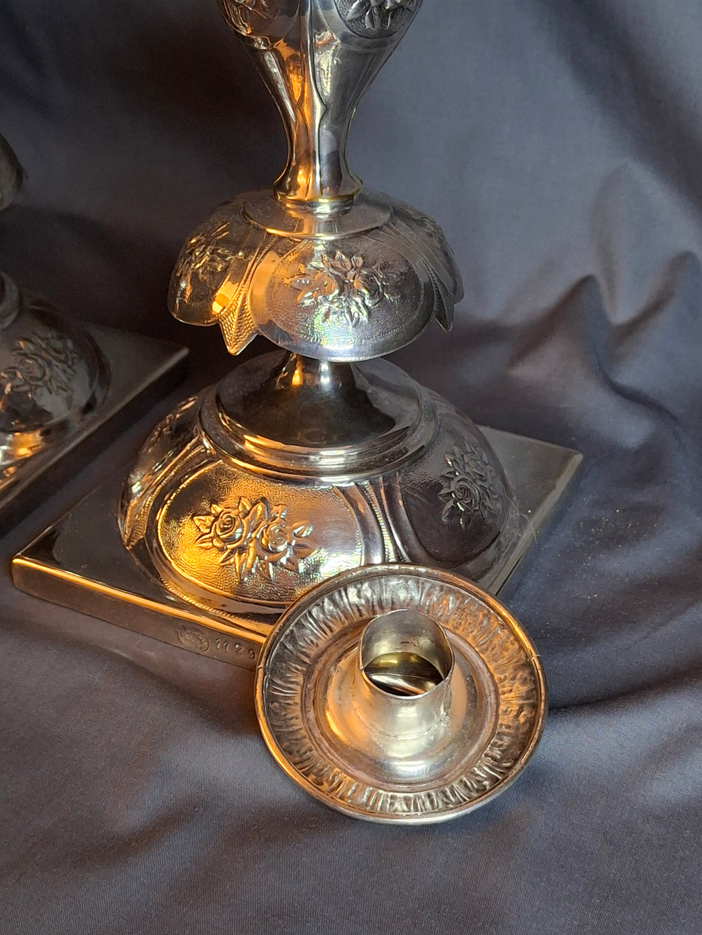 Antique Polish Judaica Silver Plated Shabbat Candlesticks Chaim Grun Warsaw 12"