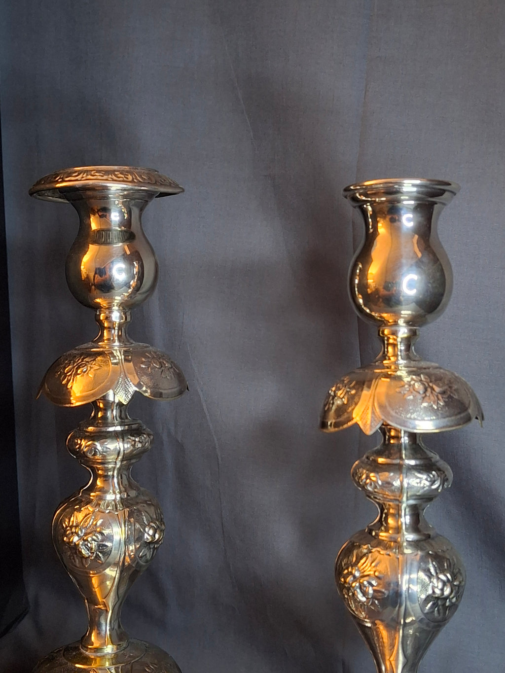 Antique Polish Judaica Silver Plated Shabbat Candlesticks Chaim Grun Warsaw 12"