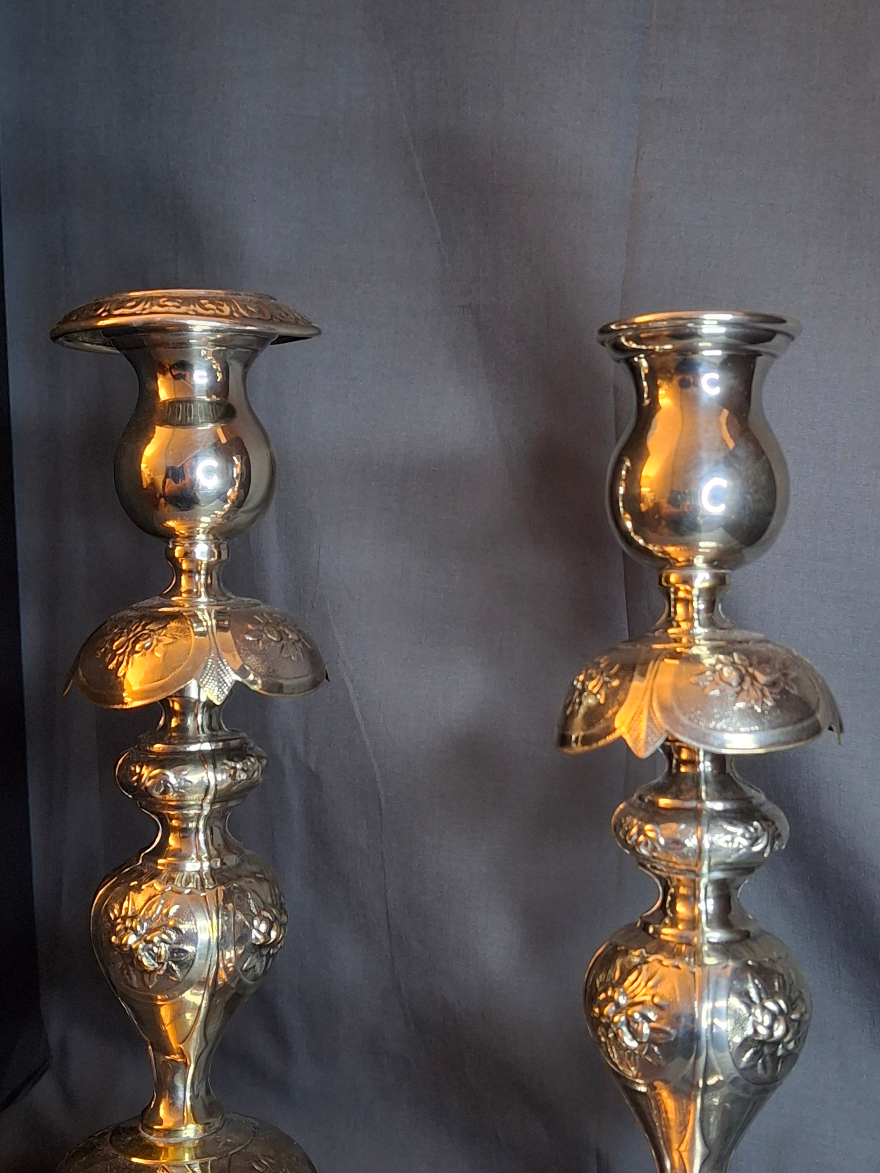Antique Polish Judaica Silver Plated Shabbat Candlesticks Chaim Grun Warsaw 12"