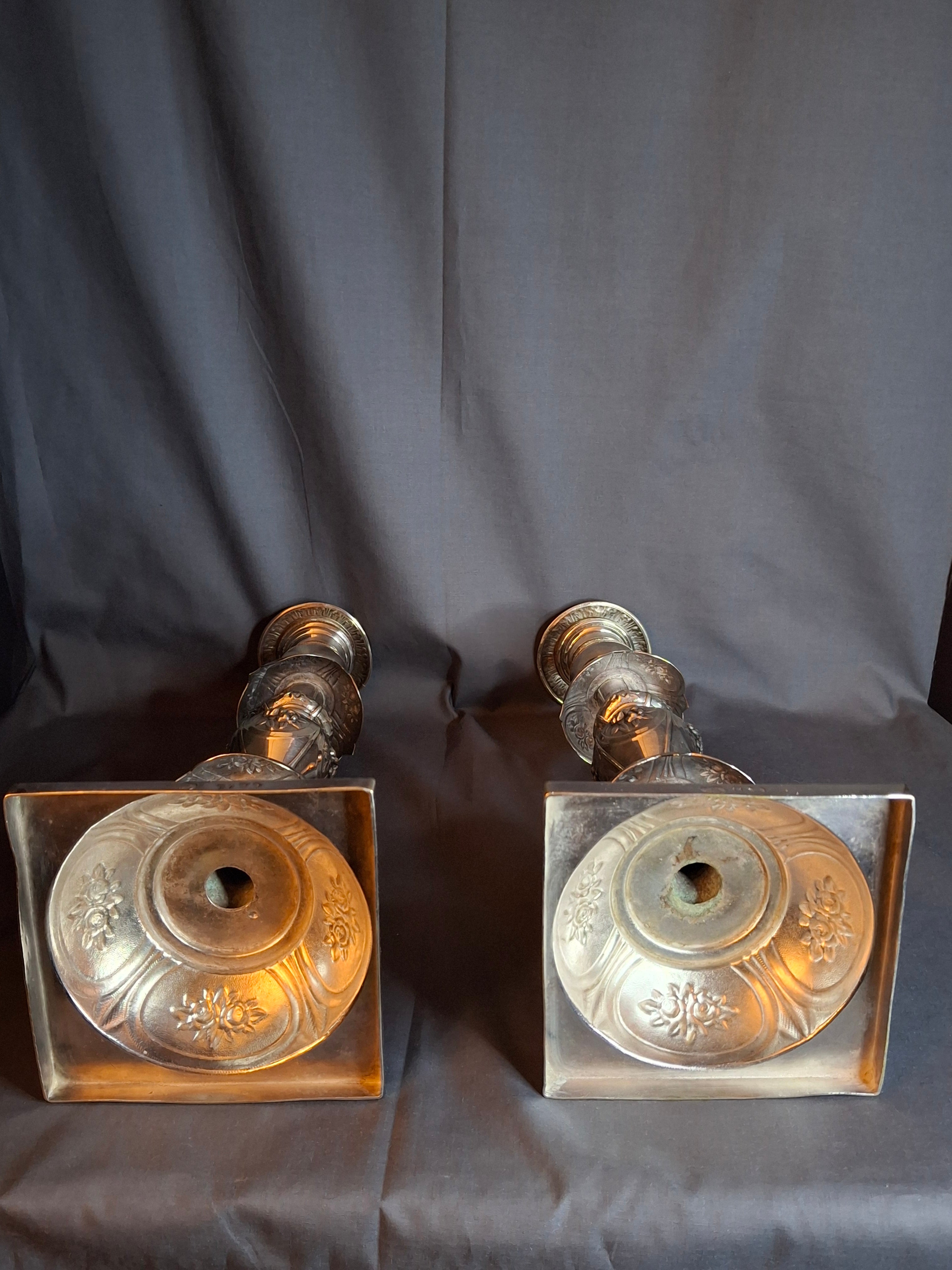 Antique Polish Judaica Silver Plated Shabbat Candlesticks Chaim Grun Warsaw 12"