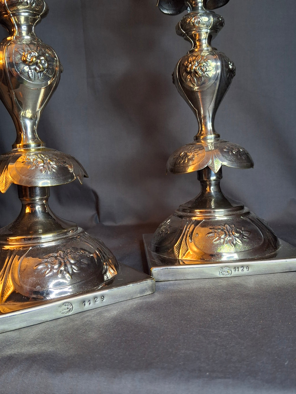 Antique Polish Judaica Silver Plated Shabbat Candlesticks Chaim Grun Warsaw 12"