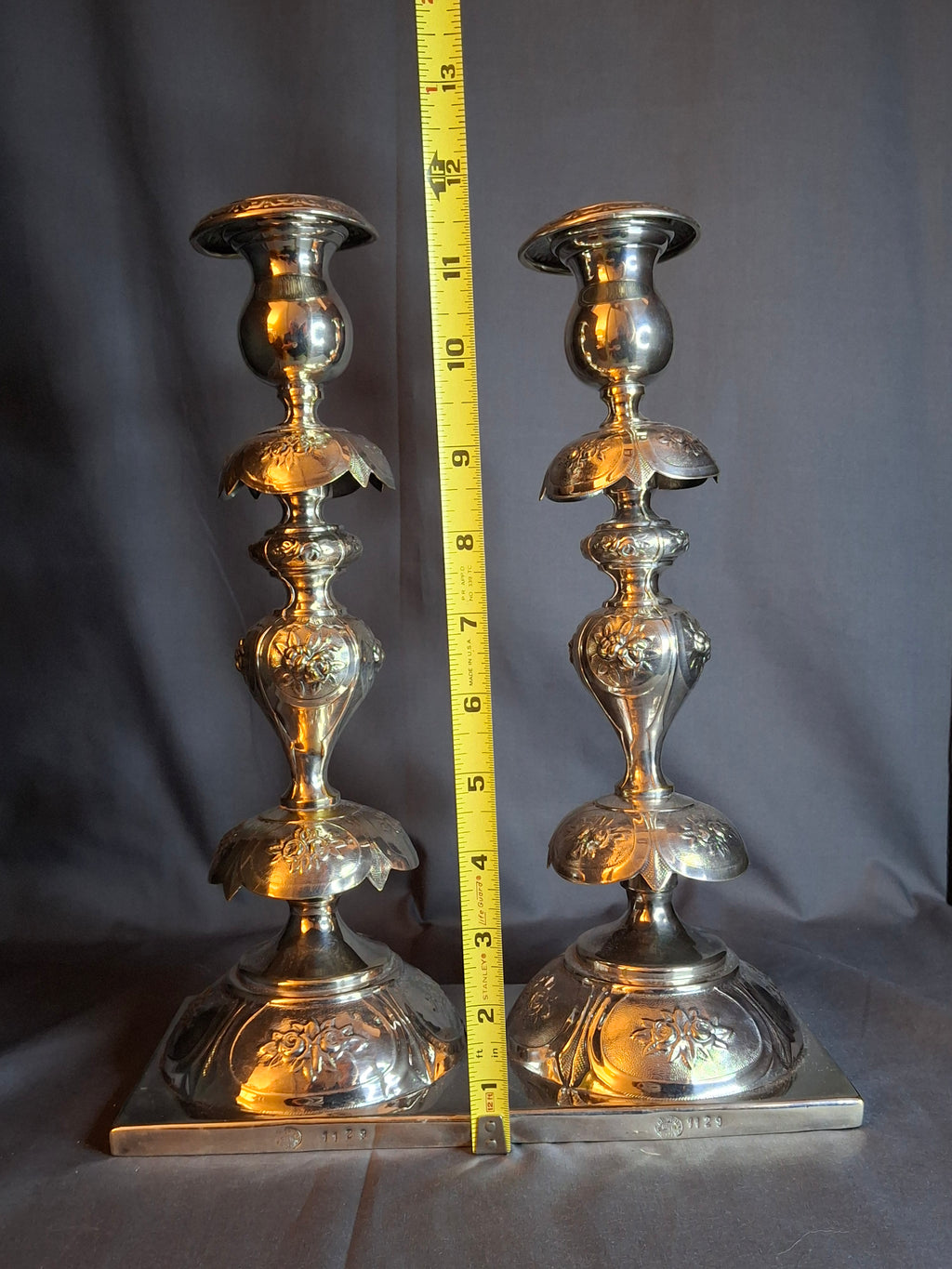 Antique Polish Judaica Silver Plated Shabbat Candlesticks Chaim Grun Warsaw 12"