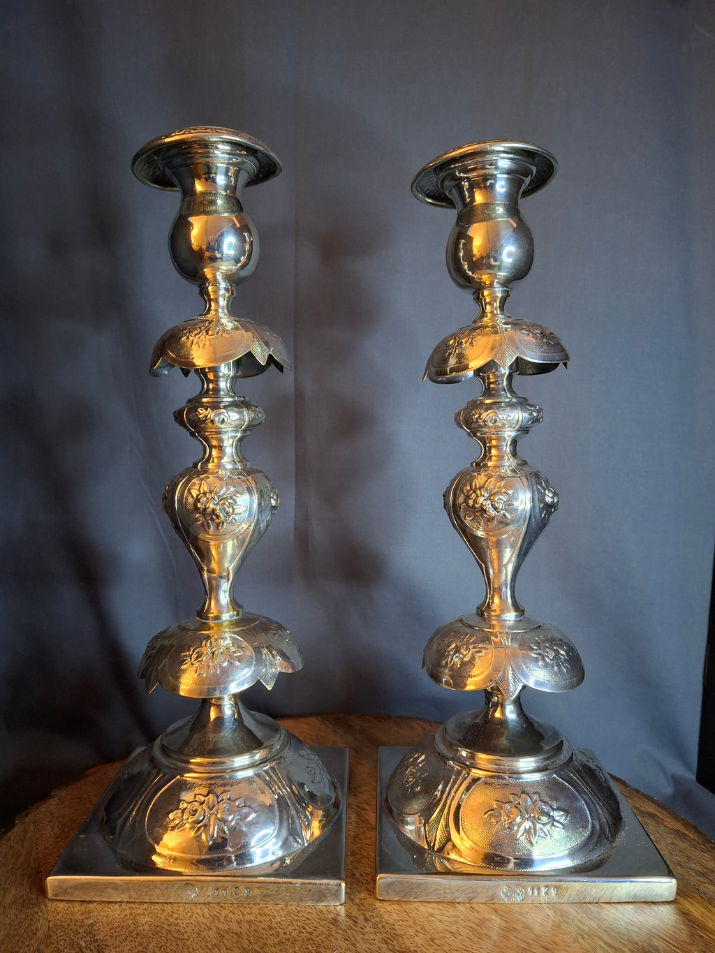 Antique Polish Judaica Silver Plated Shabbat Candlesticks Chaim Grun Warsaw 12"