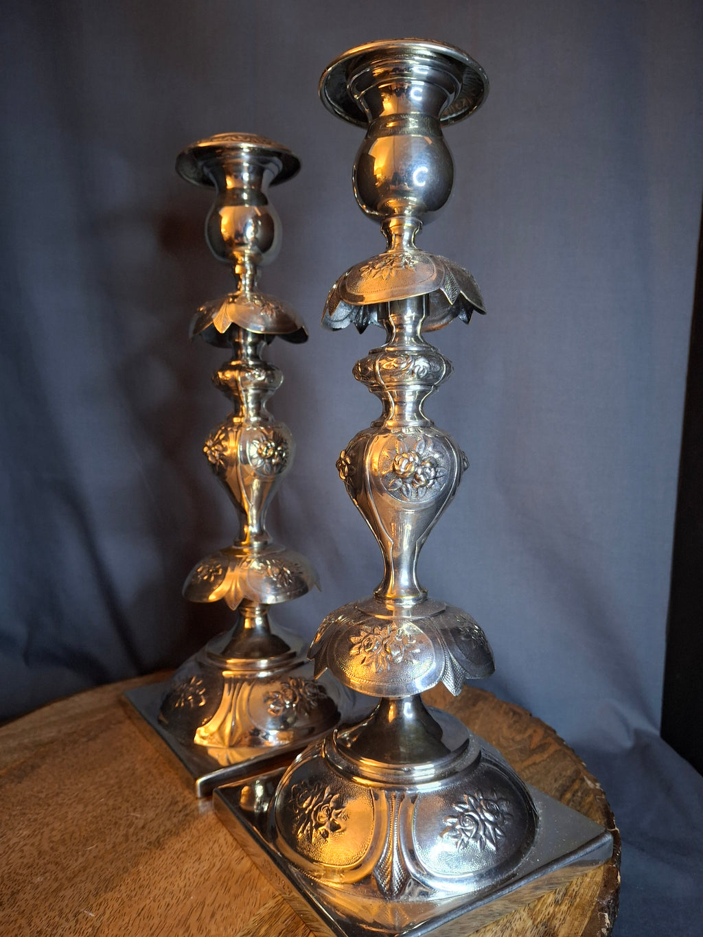 Antique Polish Judaica Silver Plated Shabbat Candlesticks Chaim Grun Warsaw 12"
