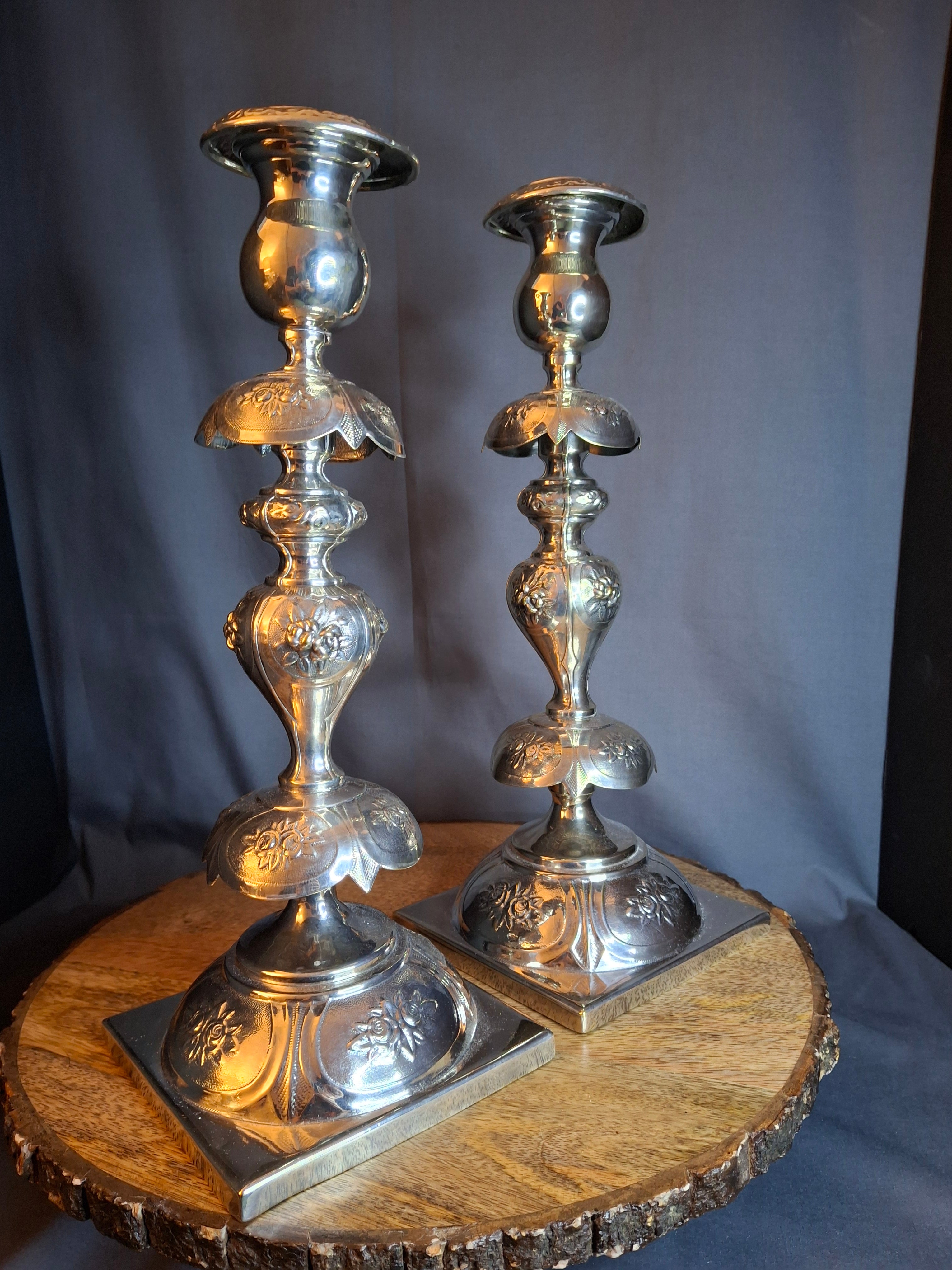 Antique Polish Judaica Silver Plated Shabbat Candlesticks Chaim Grun Warsaw 12"