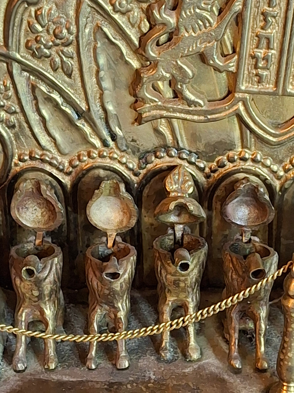 Antique European Brass Lion Menorah Rare 19th Century Hinged Oil Lamp Hanukkah Chanukiah Judaica
