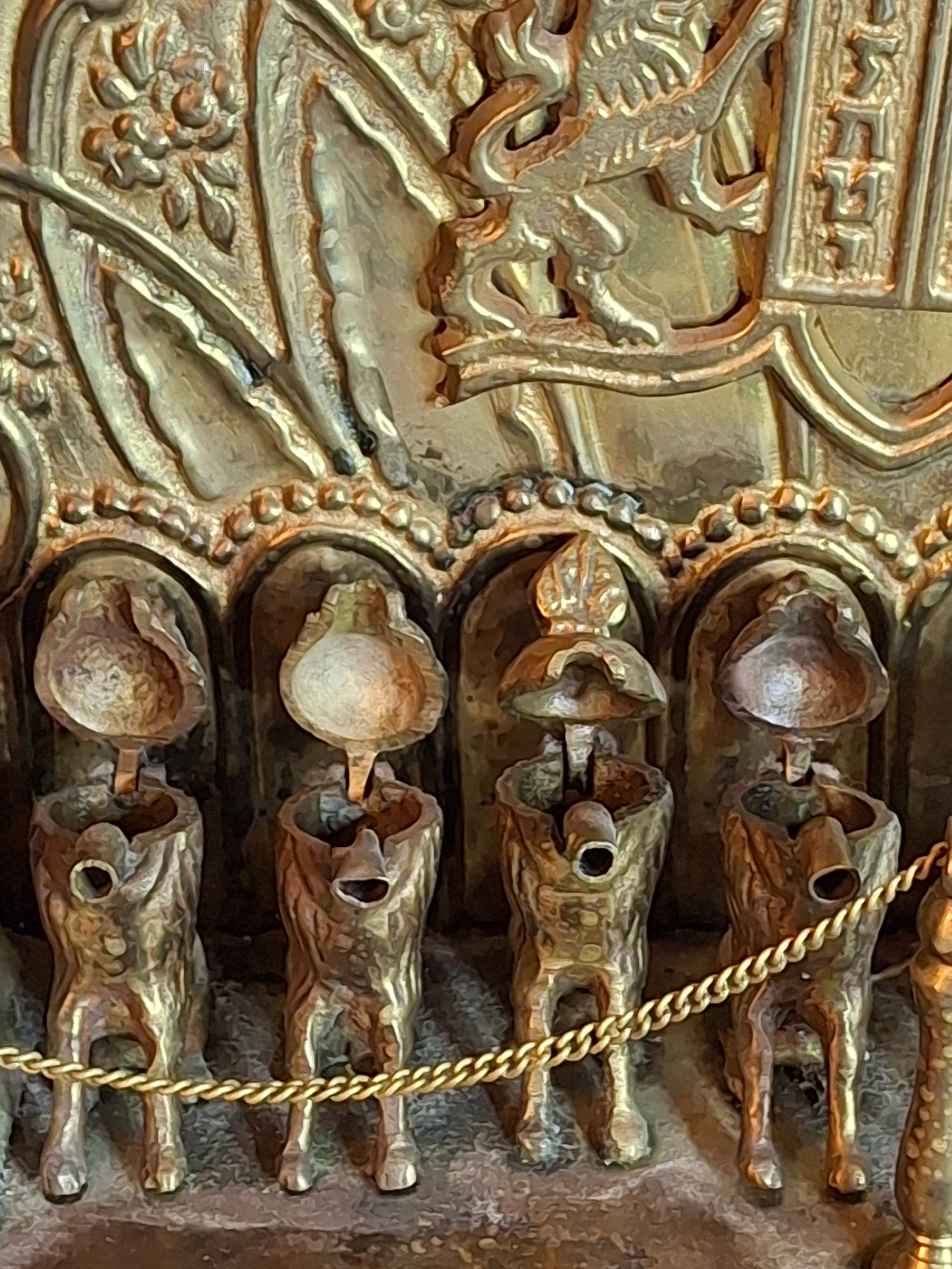 Antique European Brass Lion Menorah Rare 19th Century Hinged Oil Lamp Hanukkah Chanukiah Judaica