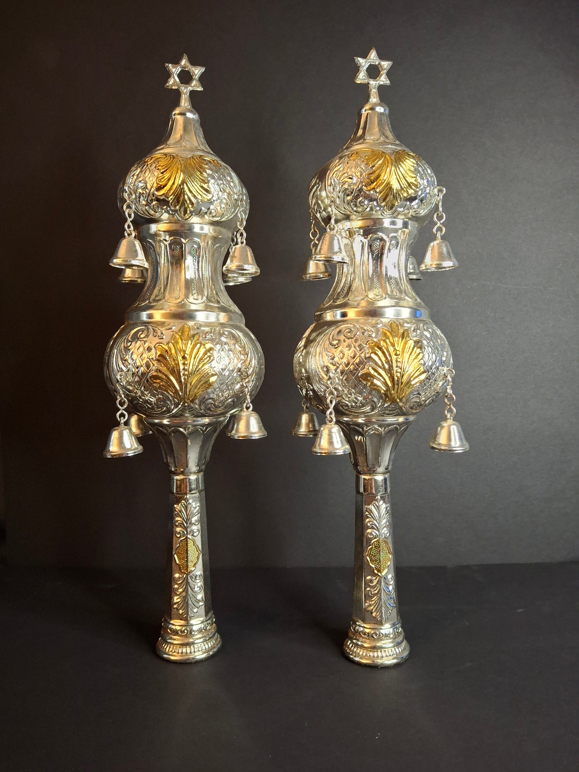 Vintage Ornate Torah Rimonim Finials Pair Silver Plated Star of David Bells 12"