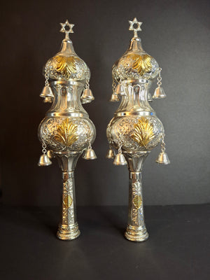 Vintage Pair Silver & Gold Plated Resin Torah Finials Rimonim Star of David Bells 12"