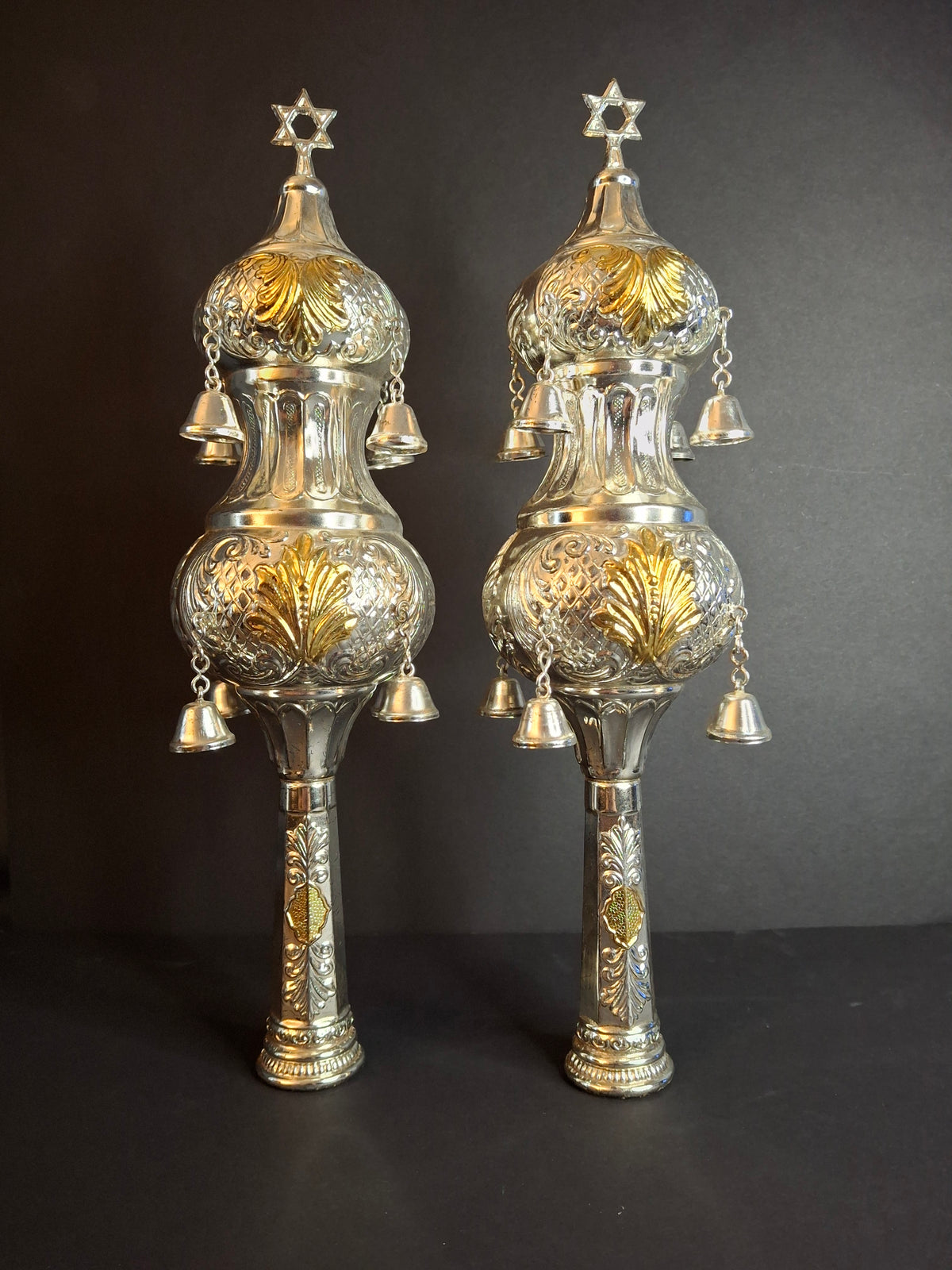 Vintage Pair Silver & Gold Plated Resin Torah Finials Rimonim Star of David Bells 12"