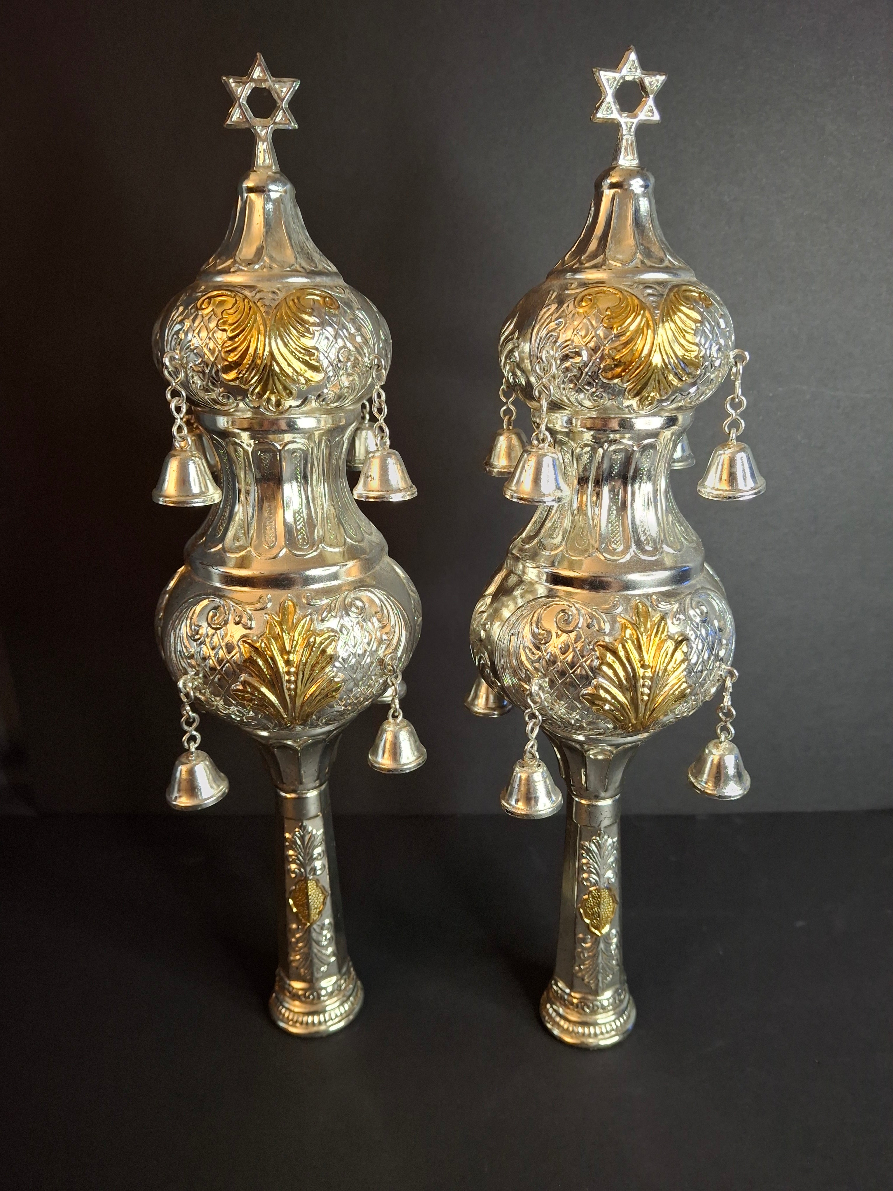 Vintage Ornate Torah Rimonim Finials Pair Silver Plated Star of David Bells 12"